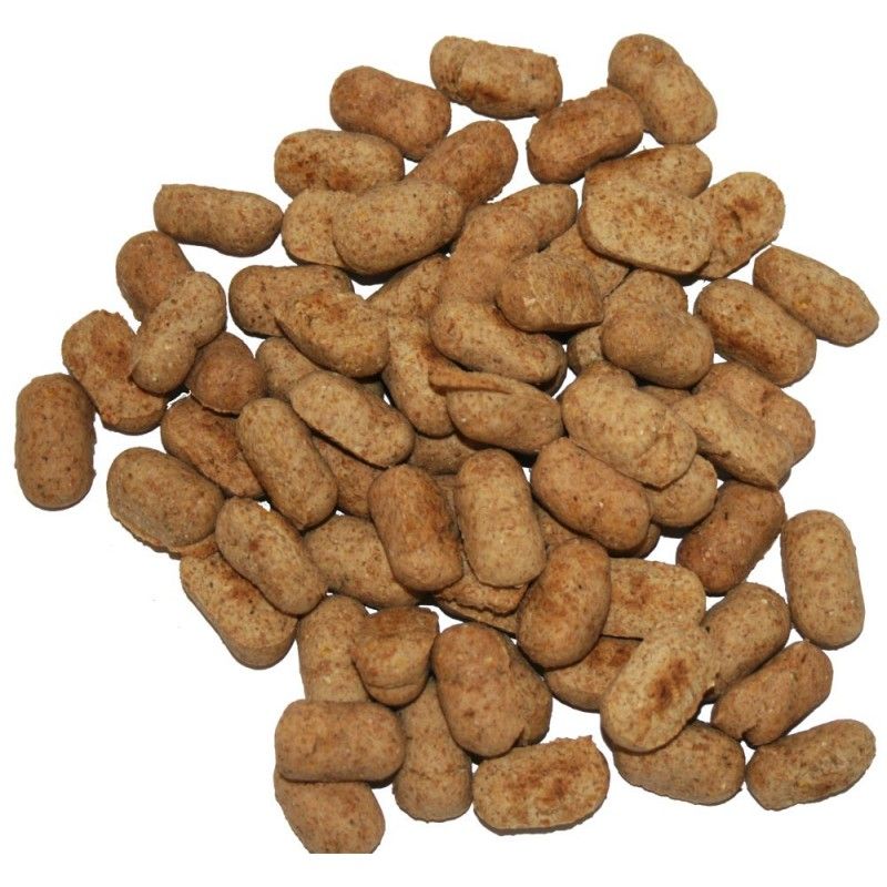 Hundekekse, viele kleine, längliche Stücke, hellbraun. Auf weißem Hintergrund.