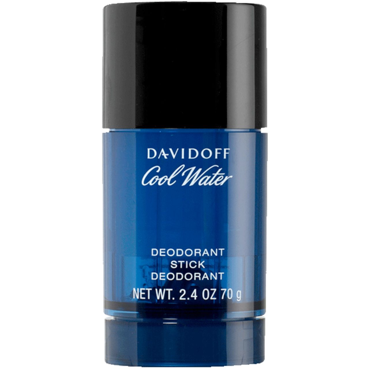Davidoff Cool Water Deodorant Stick. Blau-schwarze zylindrische Verpackung. Produktbezeichnung und Inhaltsangabe.