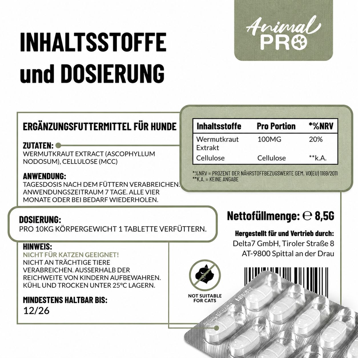 FLOXIL Inhaltsstoffe und Dosierung: Wurmkraut-Extrakt, Cellulose. 10 Tabletten à 8,5 Gramm.
