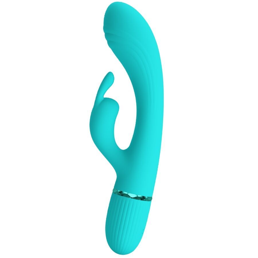 Türkiser Rabbit-Vibrator aus Silikon, von der Seite gezeigt, mit gebogener Form und zwei Stimulatoren.