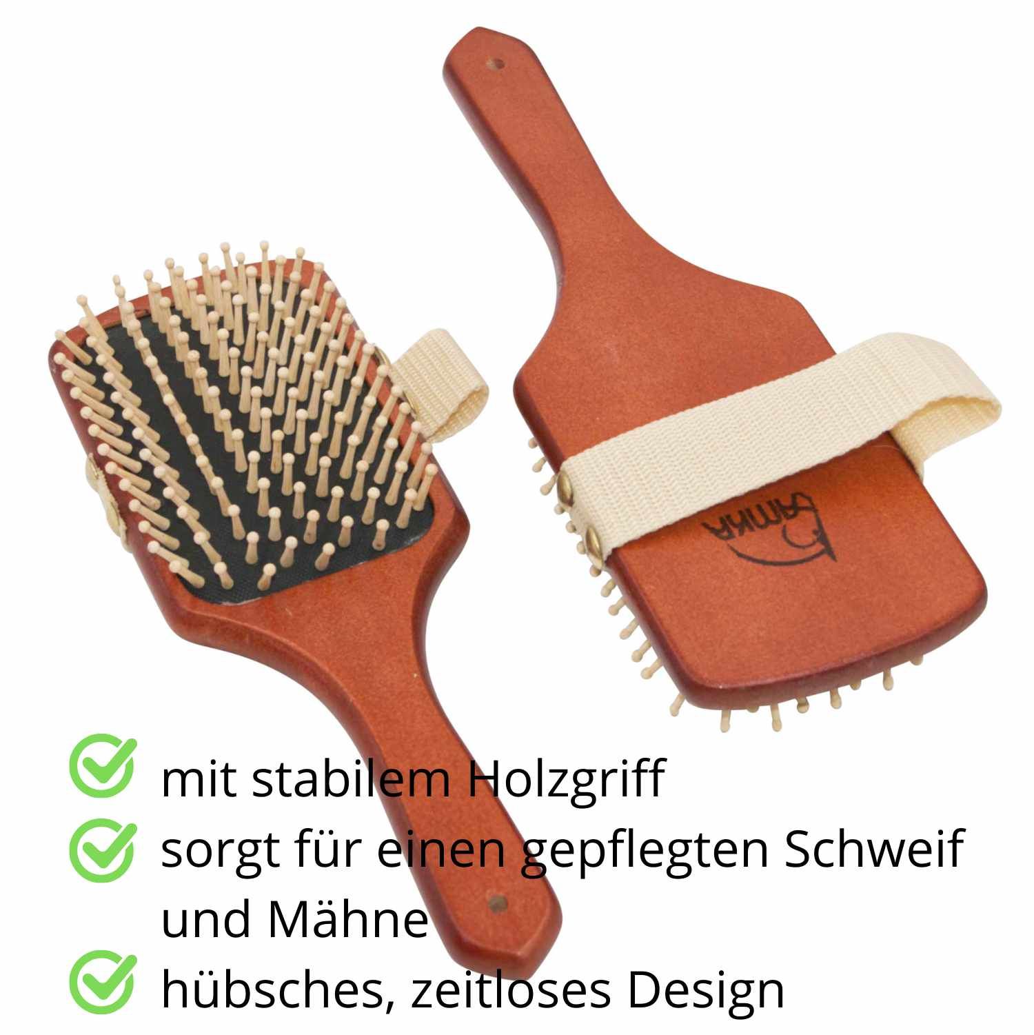 Zwei Bürsten mit Holzgriff und hellen Borsten. Beige Handschlaufe. Text: stabiler Holzgriff, gepflegter Schweif & Mähne.