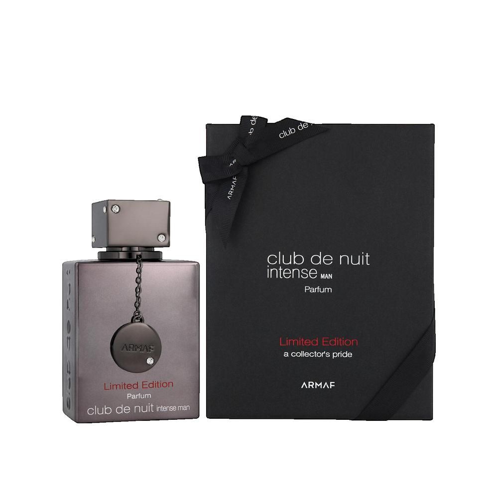 Dunkelgrauer Flakon und schwarze Verpackung. Aufschrift: Club de Nuit Intense Man Parfum, Limited Edition. Marke: ARMAF.