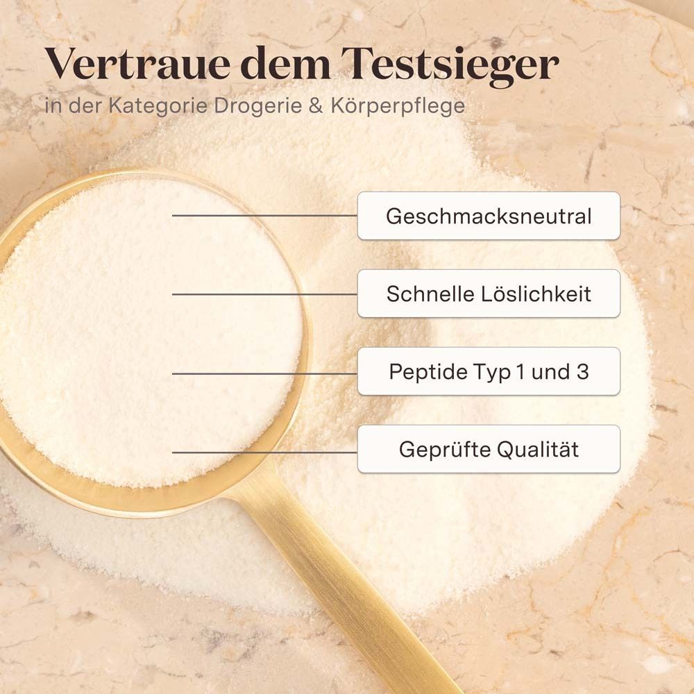 Goldener Löffel mit weißem Pulver. Text: Geschmacksneutral, schnelle Löslichkeit, Peptide Typ 1 und 3, geprüfte Qualität.