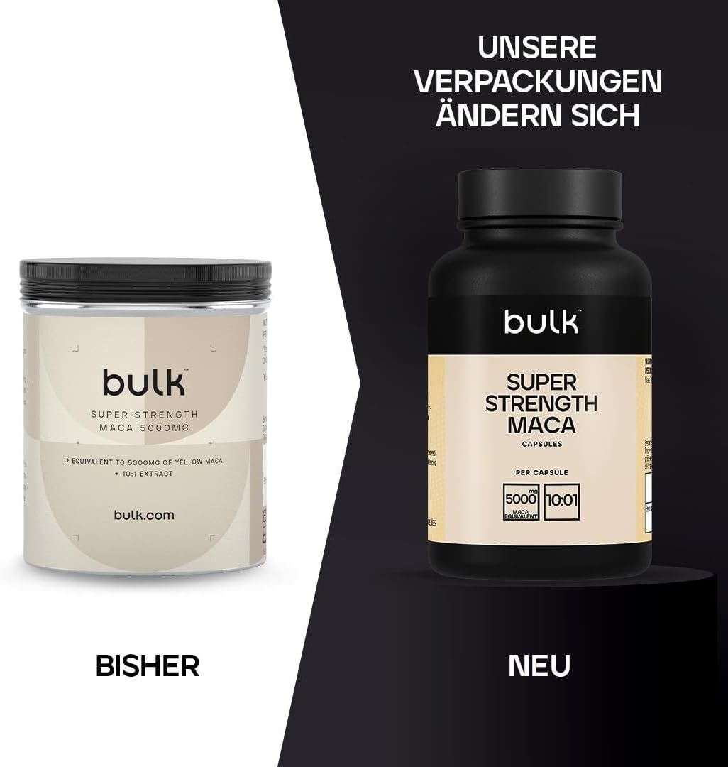 Bulk Super Strength Maca Kapseln: Schwarze Dose mit gelbem Etikett, 5000mg, 10:1 Extrakt.
