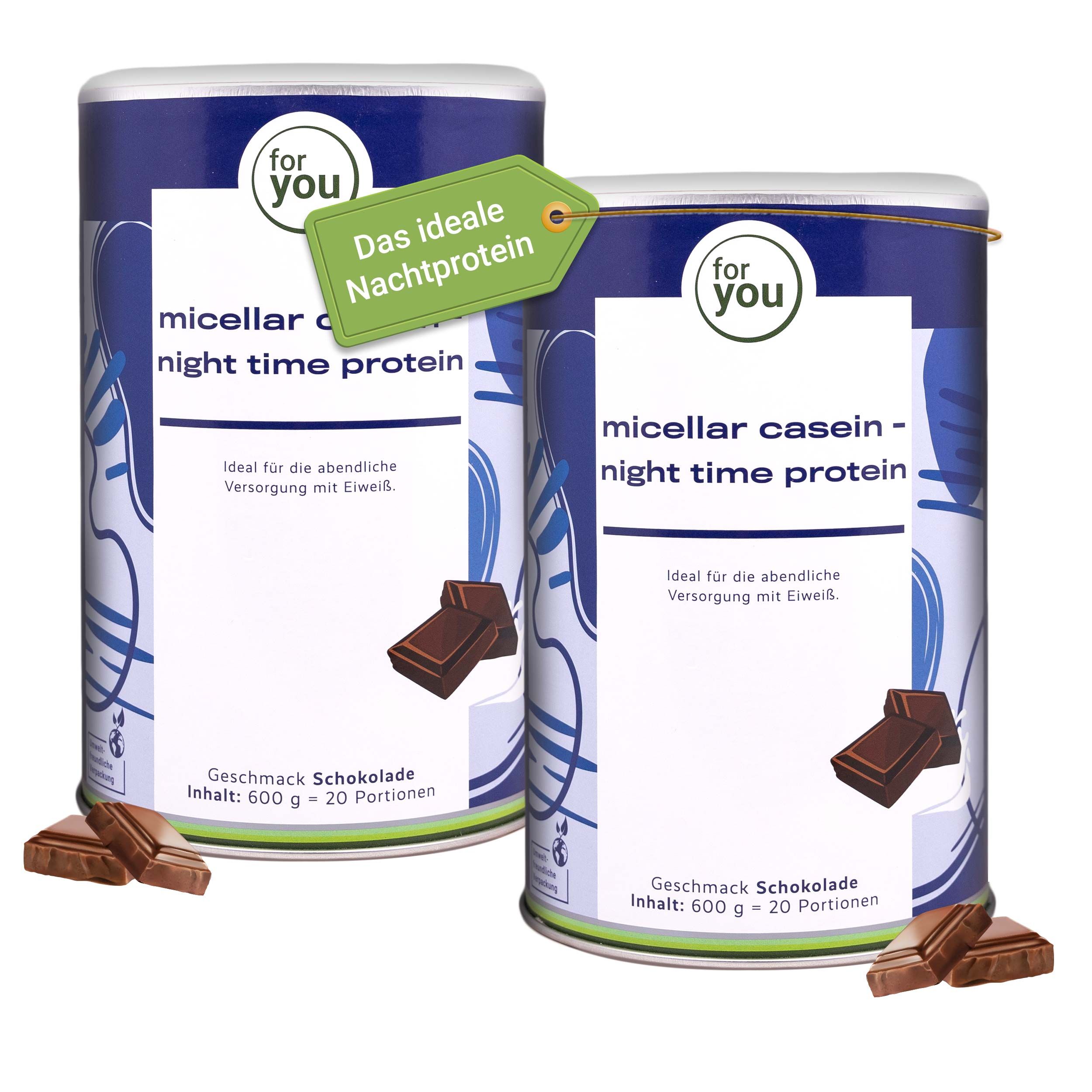 Zwei Dosen Micellar Casein Night Time Protein Schoko, 600g.