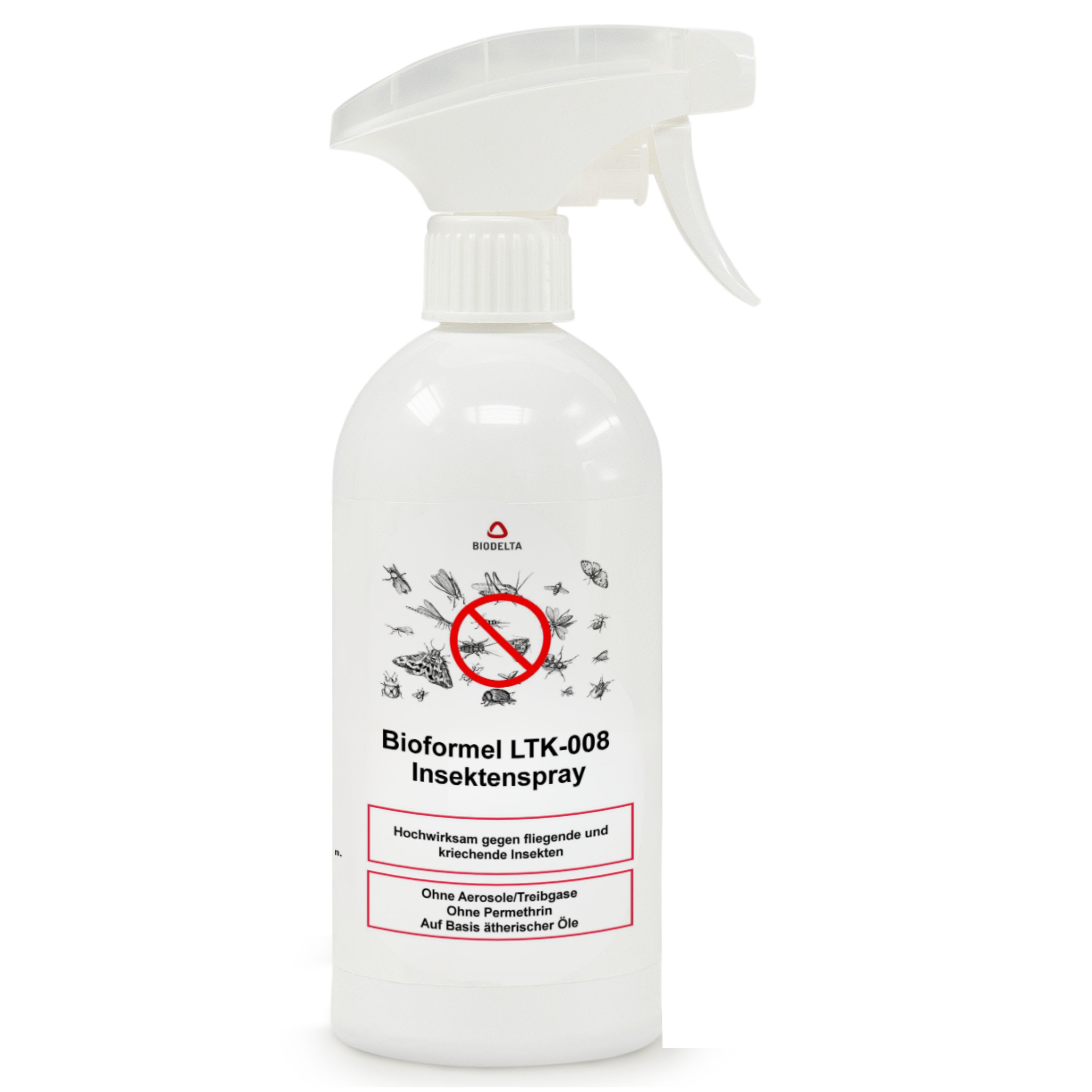 Weiße Sprühflasche mit Produktetikett. Aufschrift: Bioformel LTK-008 Insekten-Spray. Hochwirksam gegen fliegende und kriechende Insekten.