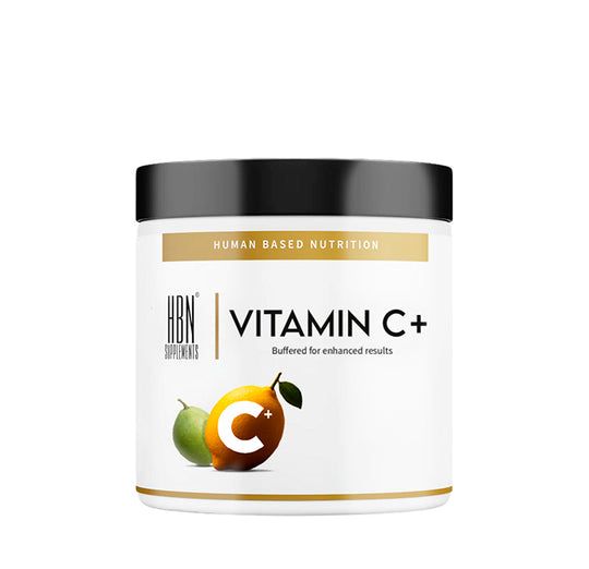Weißes HBN Supplements Vitamin C+ Behälter mit schwarzem Deckel. Logo und Produktname. Abbildung einer Zitrone und einer Limette.