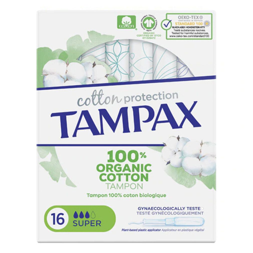 Verpackung von Tampax Organic Super Tampons. 16 Stück. 100% Bio-Baumwolle. Mit Applikator aus Pflanzenkunststoff.