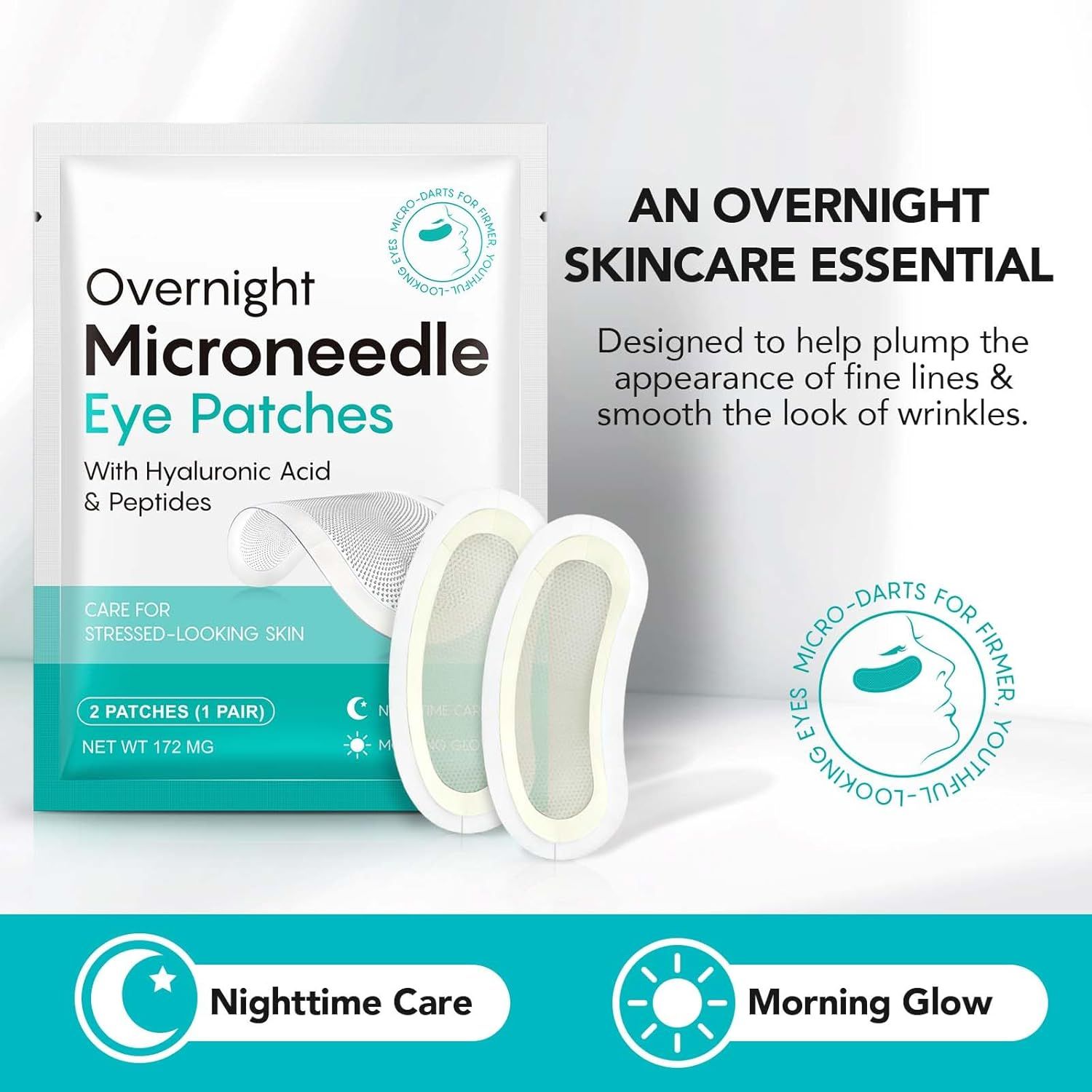 Verpackung mit zwei Augenpads. Text: Overnight Microneedle Eye Patches. Mit Hyaluronsäure & Peptiden. Nachtpflege, Morgen-Glow.