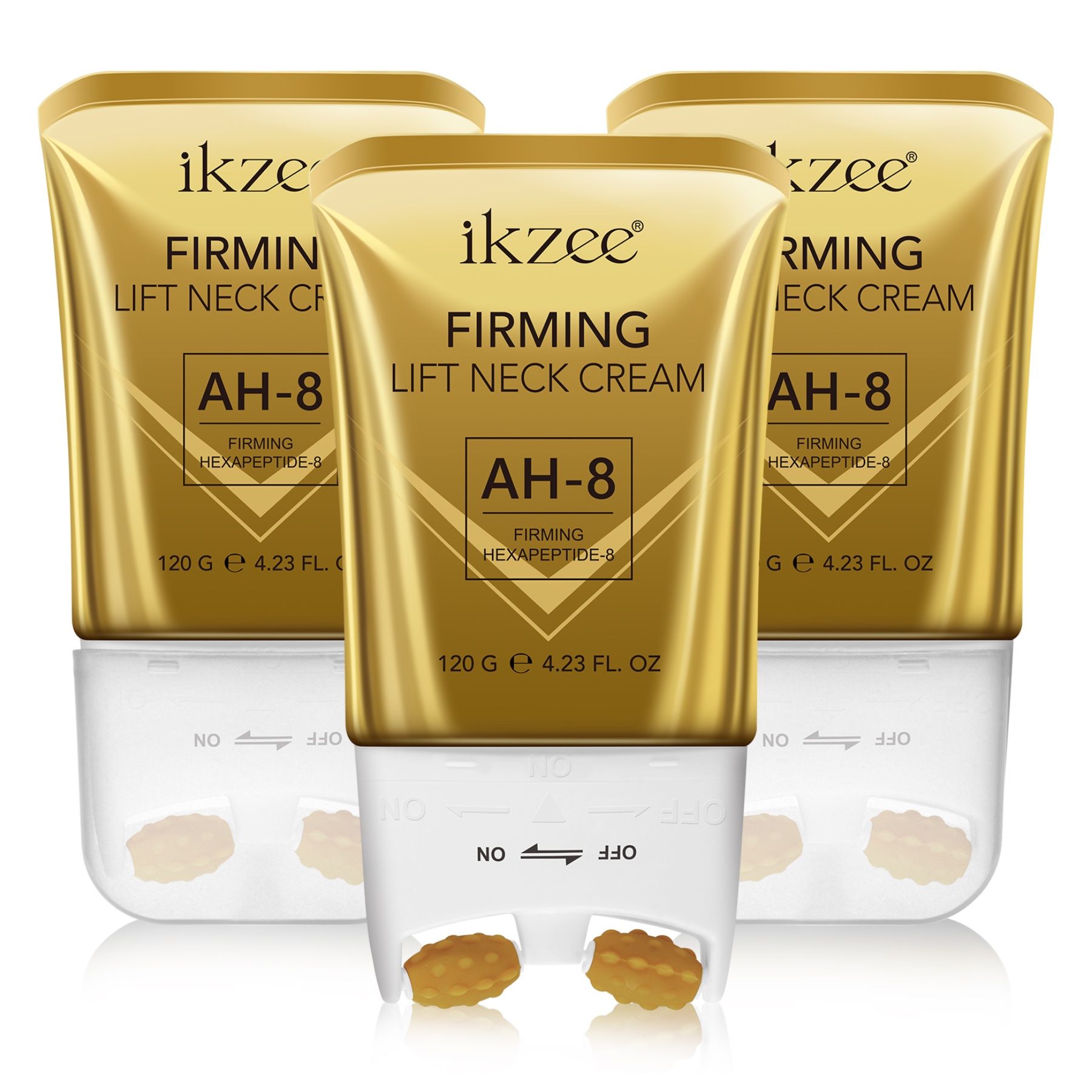 Drei goldene Tuben mit weißem Applikator. Text: ikzee, Firming Lift Neck Cream AH-8. Mit Rollen.