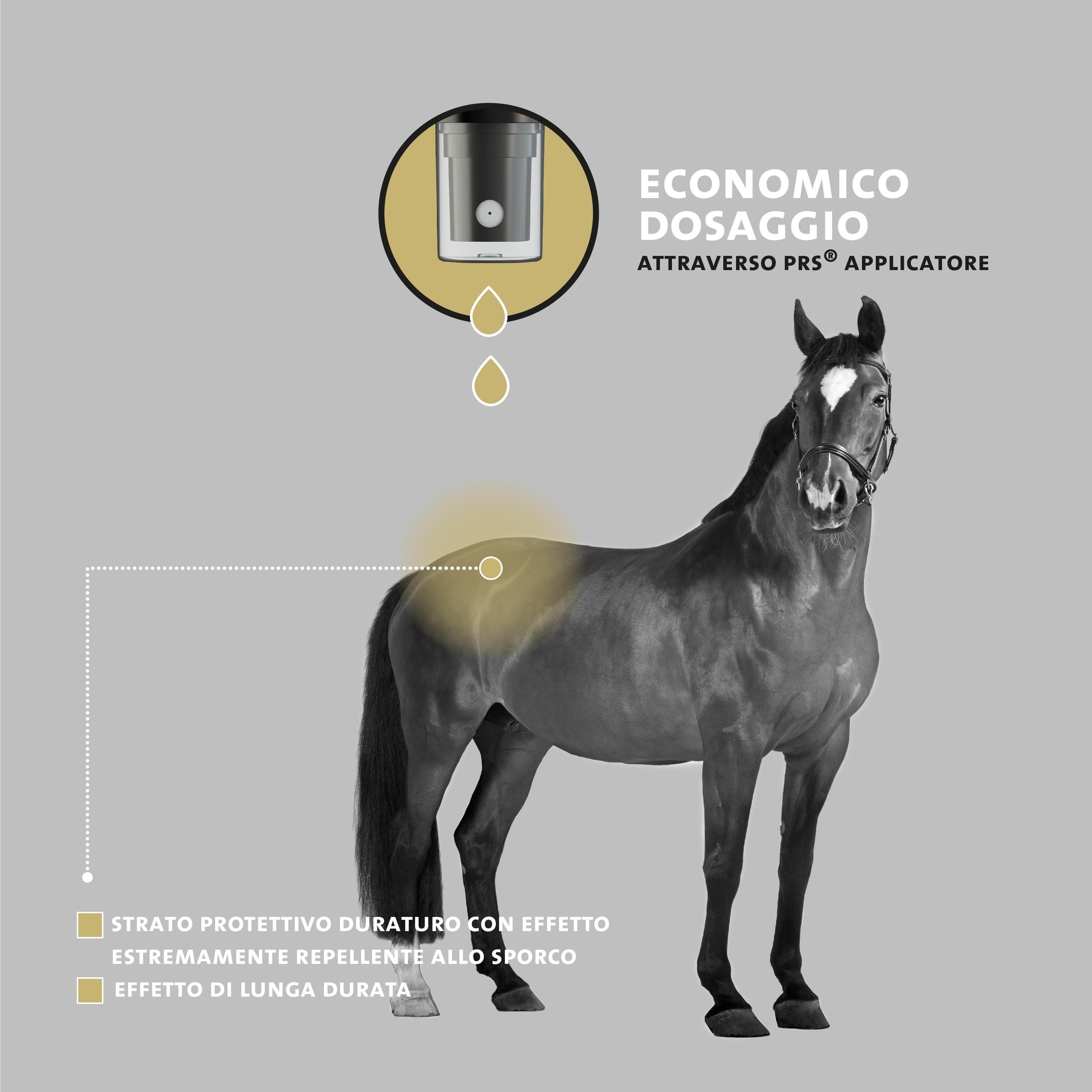 Pferd mit Produktanwendung. Text: Sparsame Dosierung. Langanhaltender Effekt. Schutzschicht gegen Schmutz.