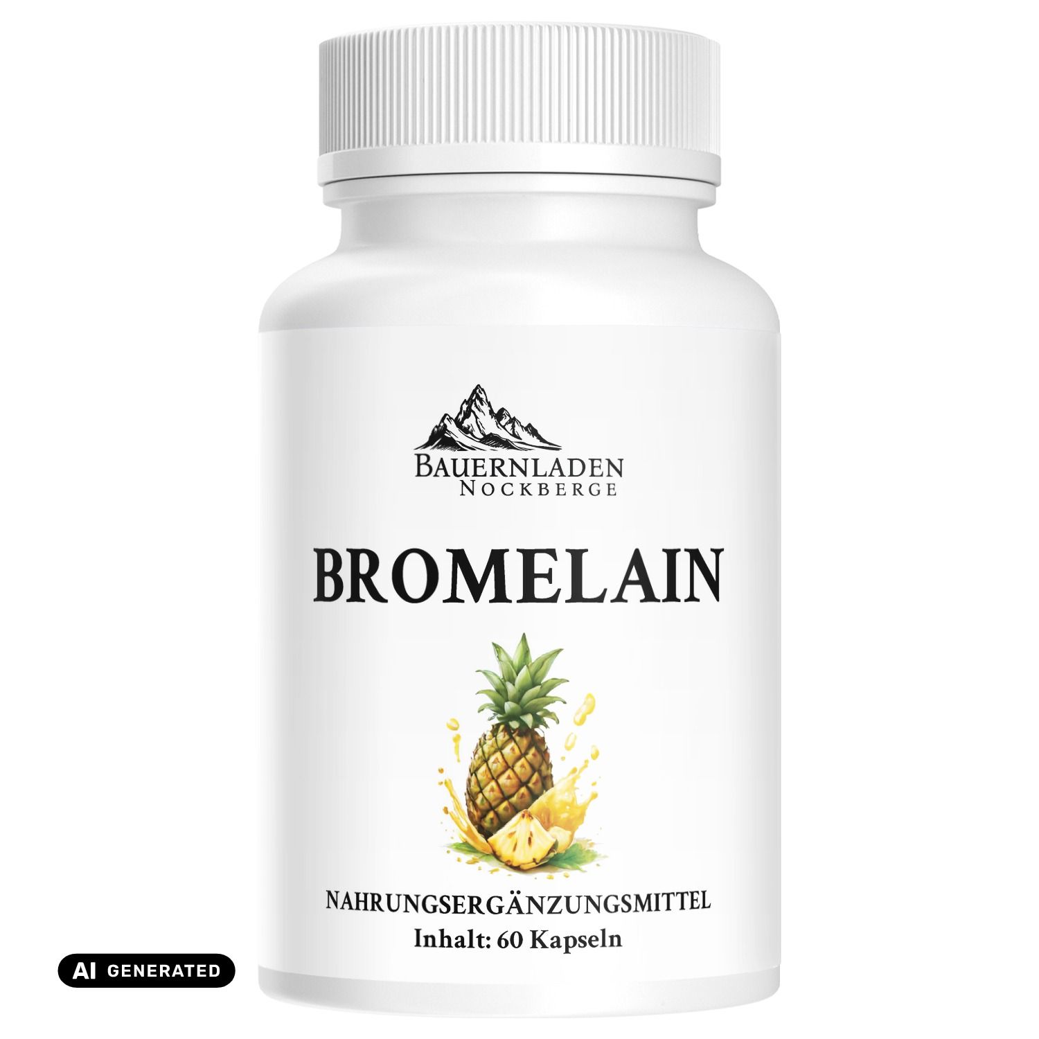 Bromelain-Kapseln von Bauernladen Nockberge, 60 Stück, mit Ananas-Motiv.