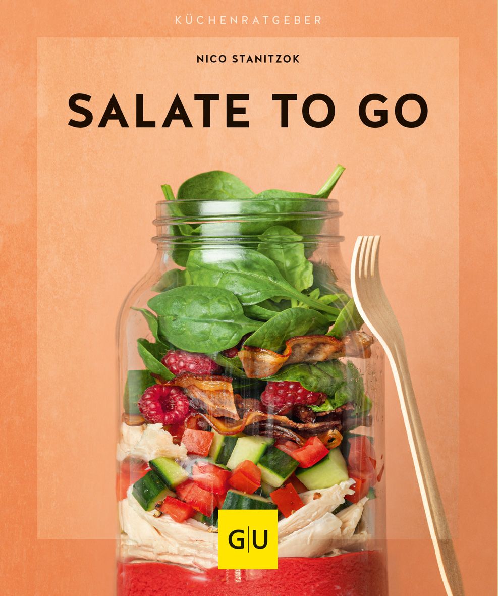Buchcover mit Titel SALATE TO GO. Glas mit Salat, Gabel daneben. GU-Logo.