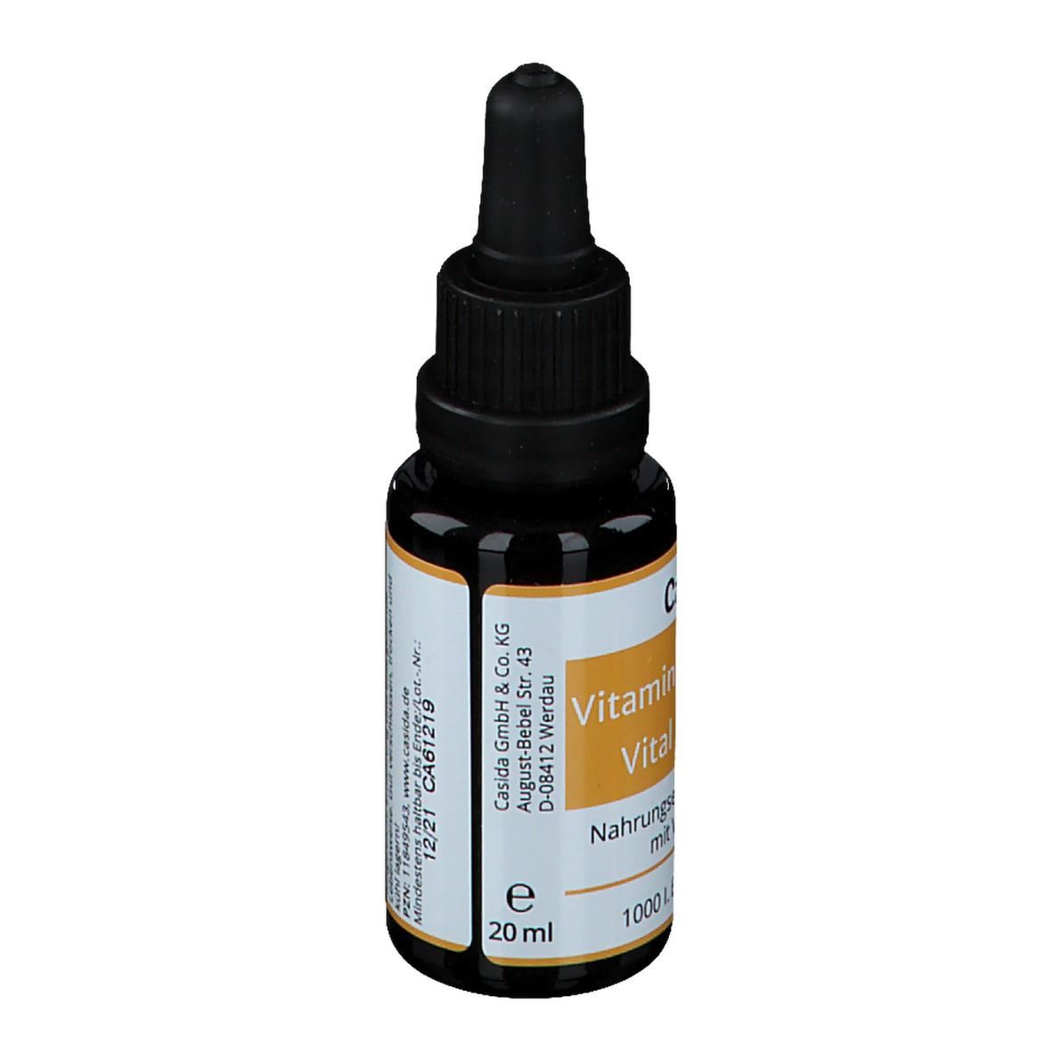 Braune Glasflasche mit schwarzem Tropfer. Aufschrift: Casida Vitamin D3 Vital 1000 I.E. 20 ml. Nahrungsergänzungsmittel.