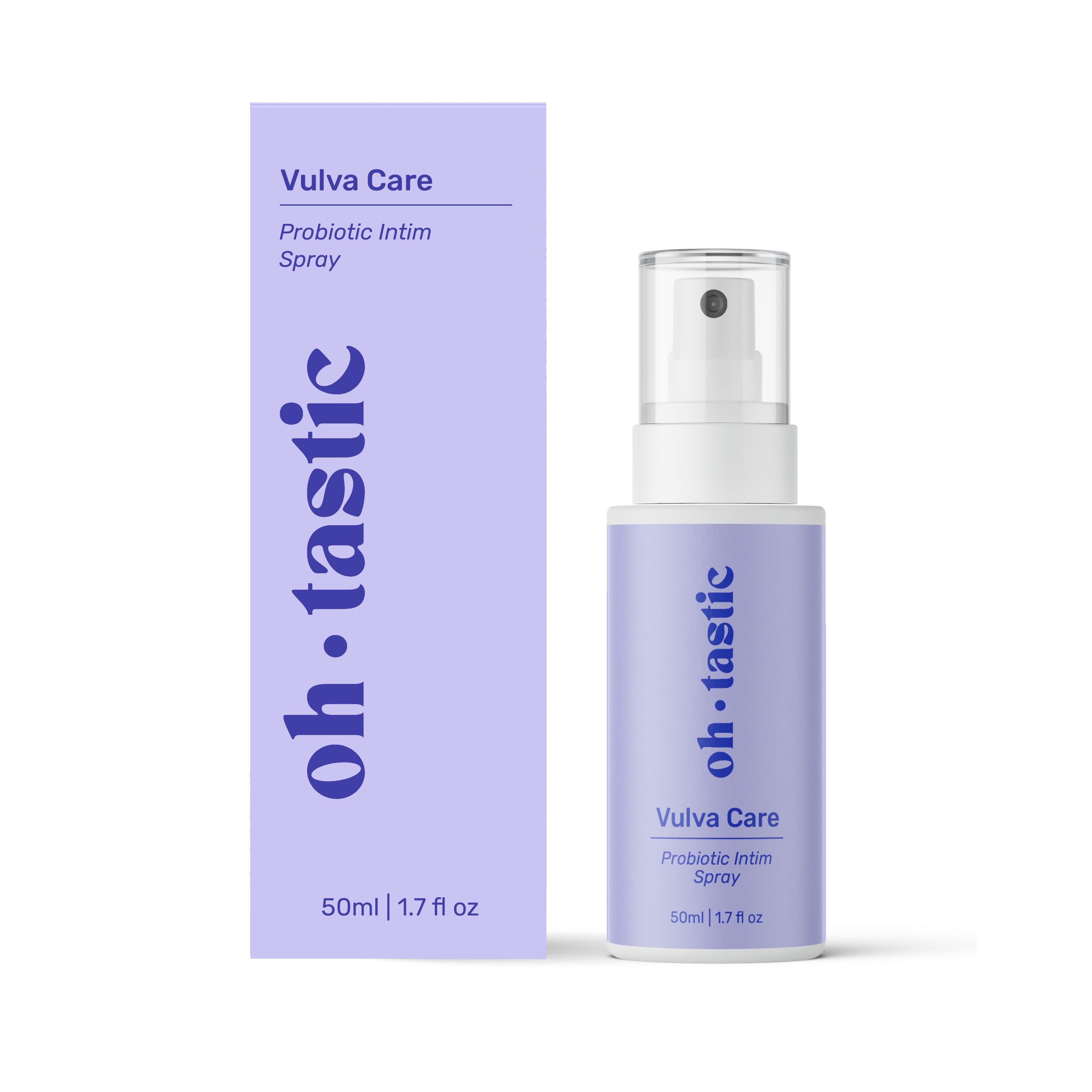 Intimspray und Verpackung. Lila Flasche mit weißem Sprühkopf. Aufschrift: oh.tastic, Vulva Care, Probiotic Intim Spray.
