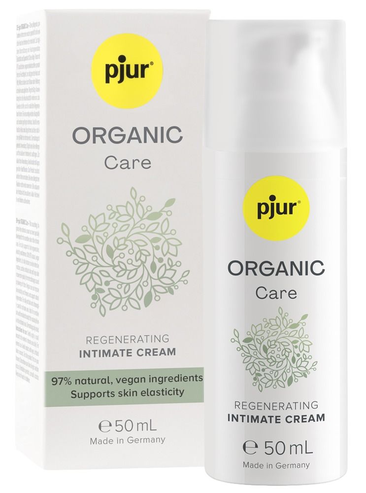 Creme und Verpackung. Aufschrift: pjur ORGANIC Care, Regenerierende Intimcreme, 97% natürliche Inhaltsstoffe, 50 ml.