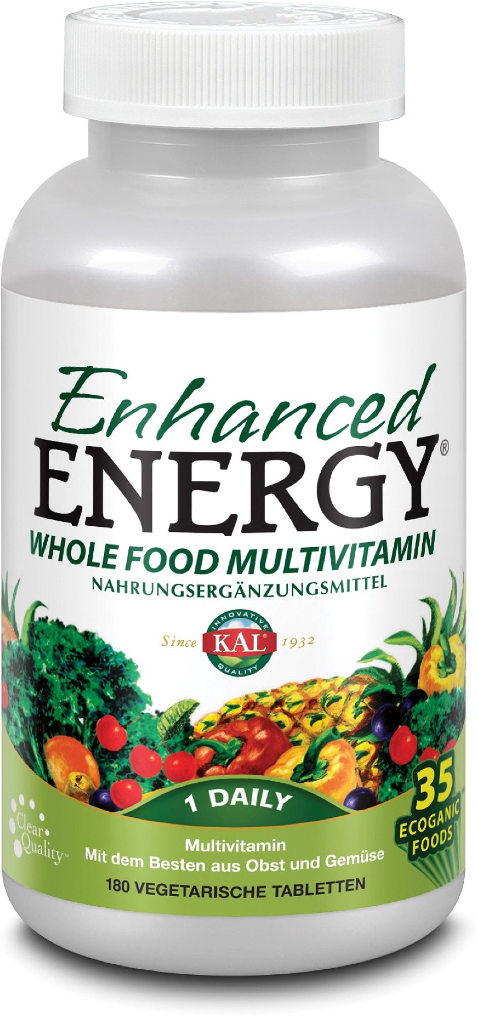 Flasche mit KAL Enhanced Energy Multivitamin, 180 vegetarische Tabletten.
