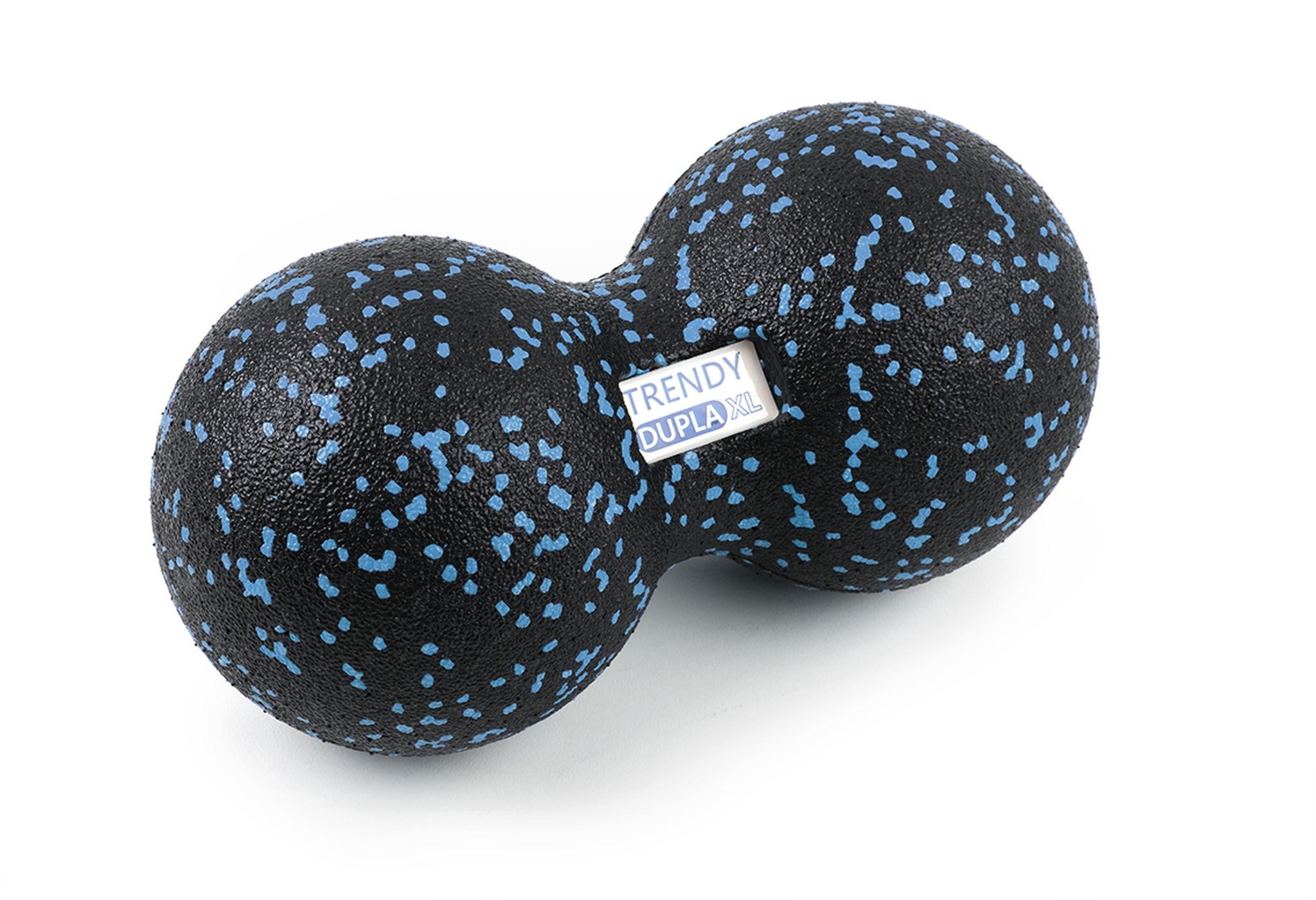 Schwarzer Faszienduoball mit blauen Punkten. Trendy Dupla XL-Logo. Zwei Kugeln verbunden.