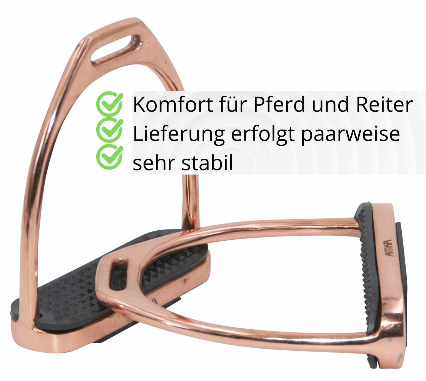 AMKA Fillis Steigbügel in Roségold. Text: Komfort für Pferd und Reiter, Lieferung erfolgt paarweise, sehr stabil.
