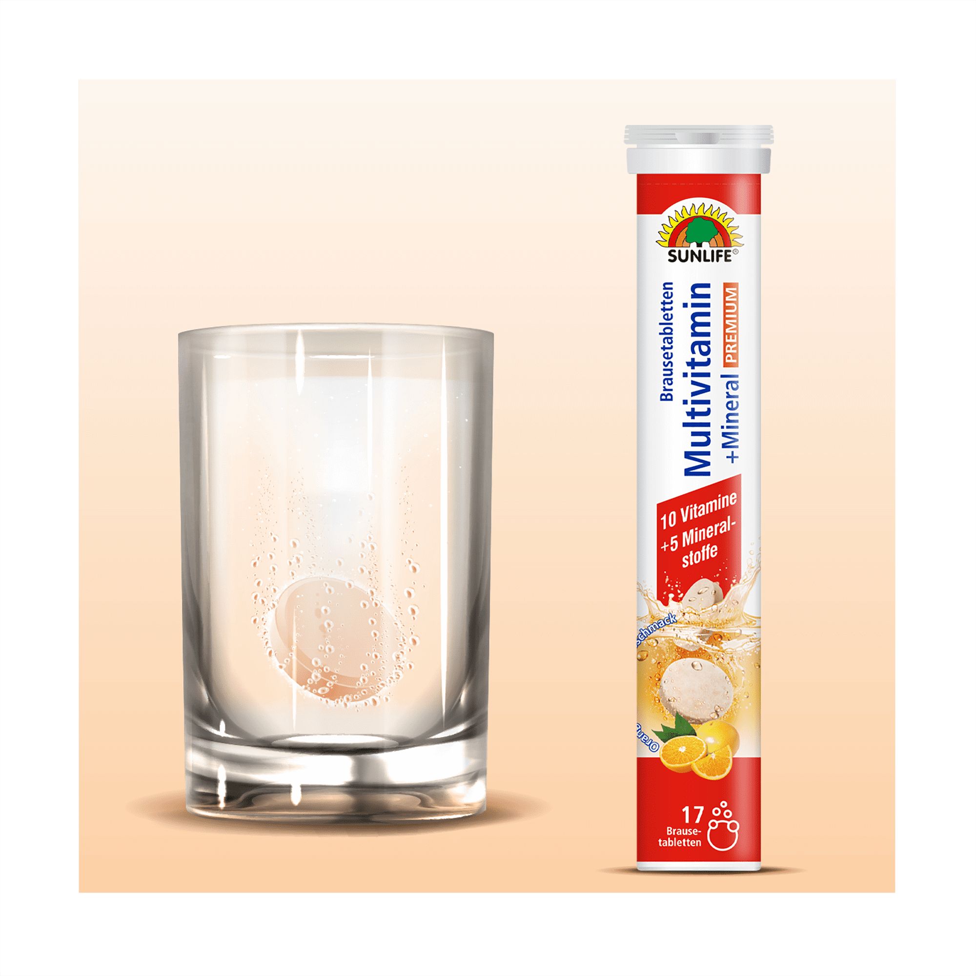 Brausetablette in Glas Wasser aufgelöst, daneben Tube mit SUNLIFE-Logo und Produktbezeichnung. Enthält 17 Tabletten.