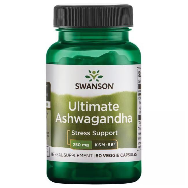 Grüne Flasche mit schwarzem Deckel. Etikett mit "SWANSON Ultimate Ashwagandha", 250 mg, 60 Kapseln.