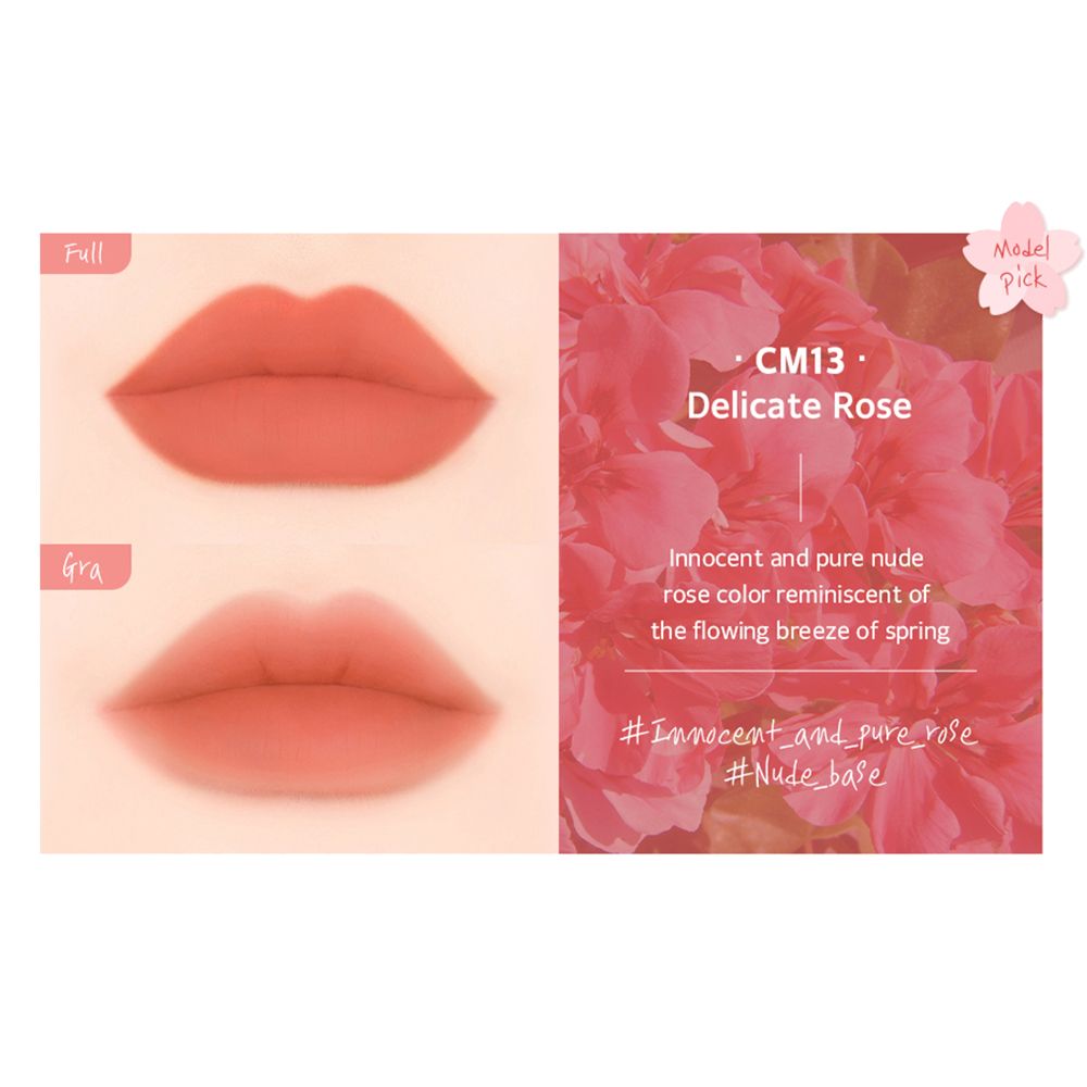 Lippen mit CM13 Delicate Rose. Text: Innocent and pure nude rose color reminiscent of the flowing breeze of spring.