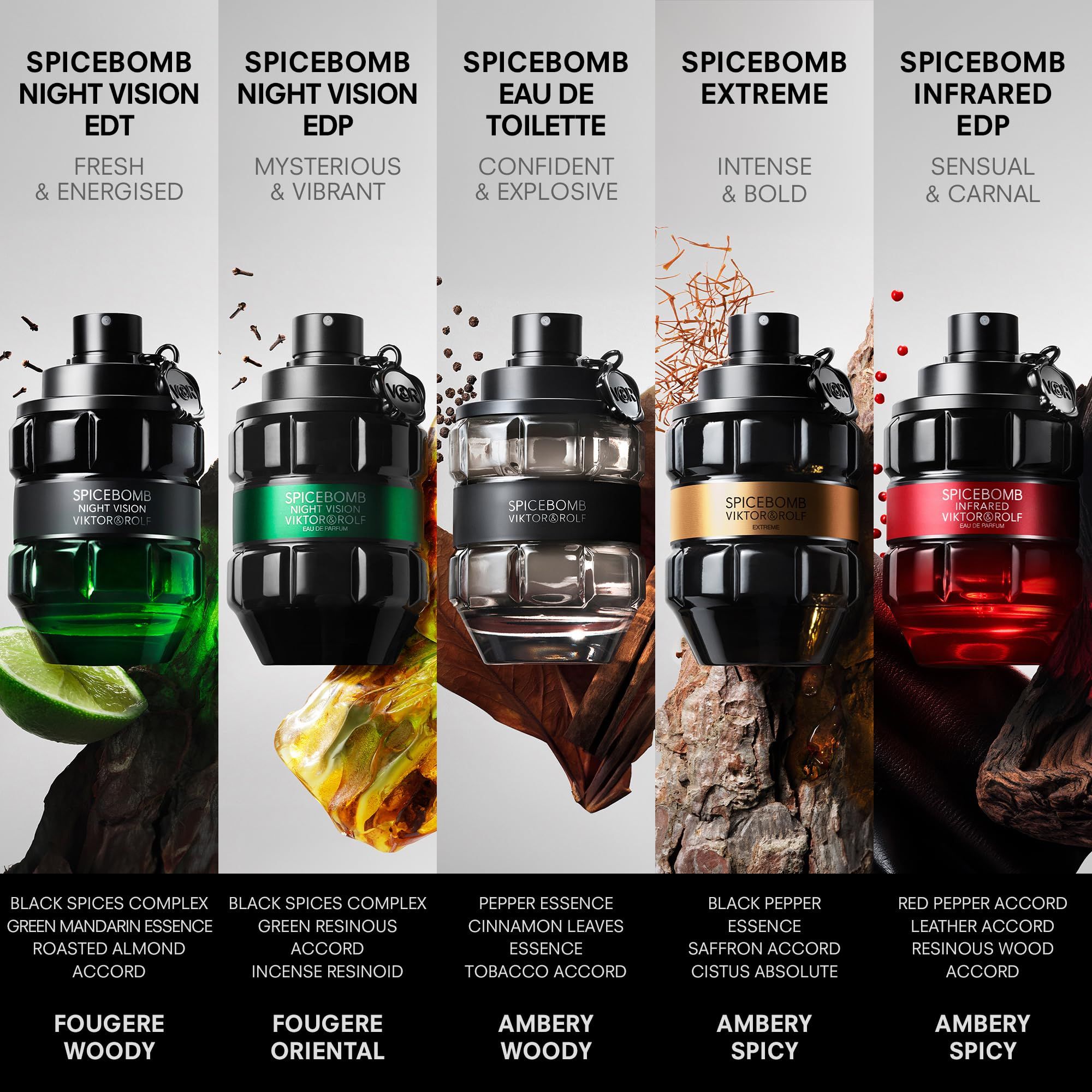 Fünf Flaschen. Spicebomb Night Vision, Eau de Toilette, Extreme, Infrared. Text: Fresh & Energised, Mysterious & Vibrant.