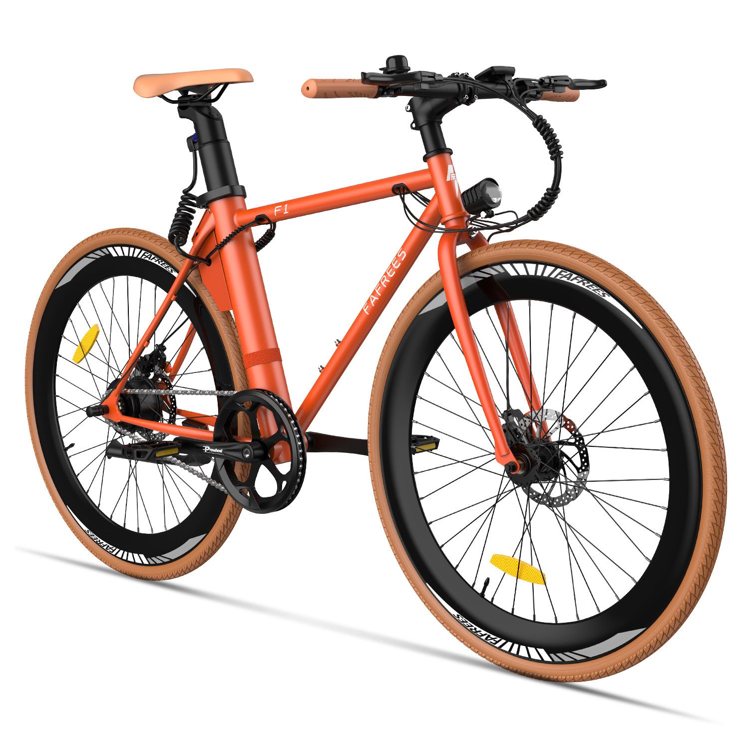 Orangefarbenes Elektrofahrrad mit braunen Reifen und Sattel. Fafrees-Logo und F1-Modellbezeichnung sichtbar.