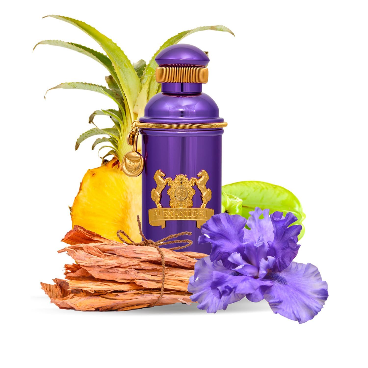 Lila Parfümflakon mit Ananas, Iris und Holzstücken.