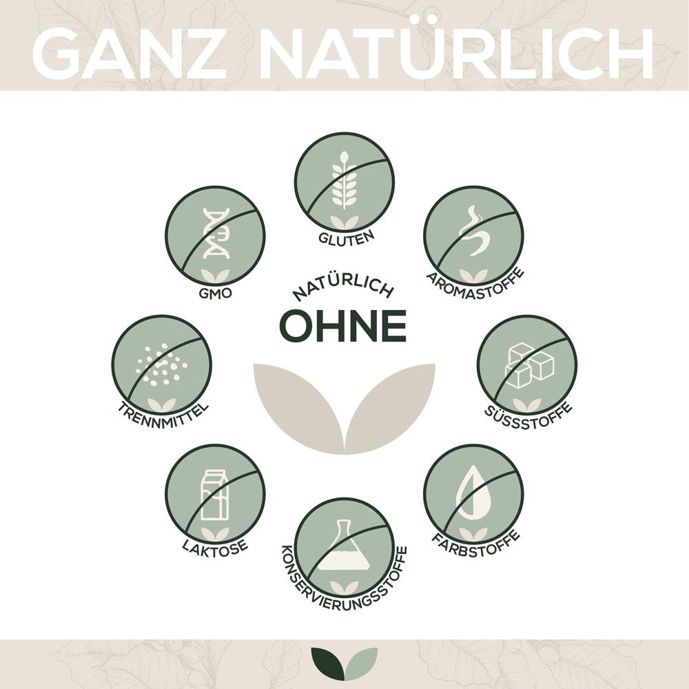 Grafik mit Symbolen. Text: "Ganz natürlich ohne". Symbole für GMO, Gluten, Aromastoffe, Süßstoffe, Farbstoffe, etc.
