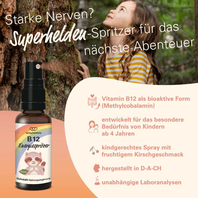 Kind blickt nach oben, neben Sprühflasche mit Informationen zu Vitamin B12.