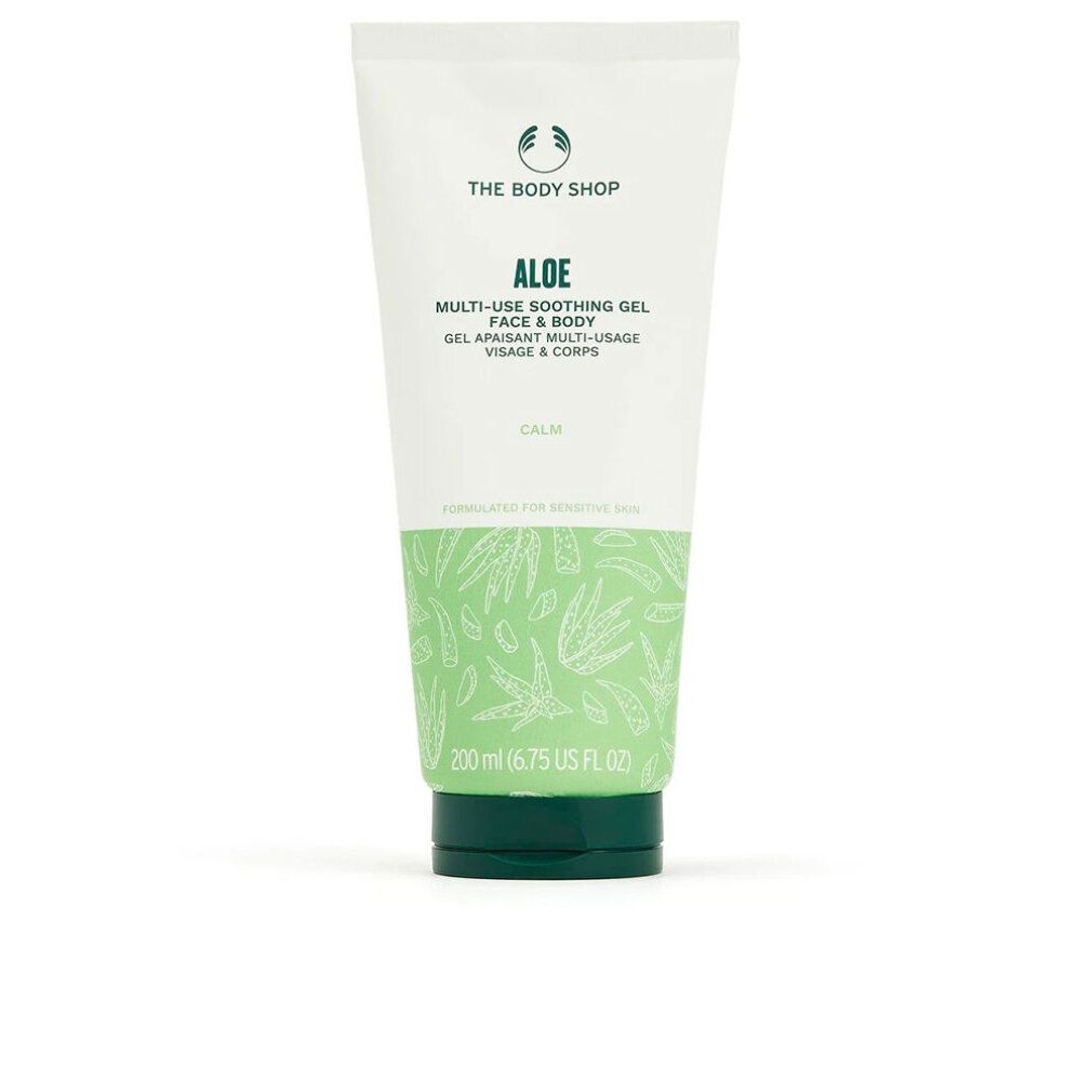 Weiß-grüne Tube mit Aloe-Gel. Text: Aloe Multi-Use Soothing Gel Face & Body. Marke: The Body Shop. Grüne Kappe. 200 ml.
