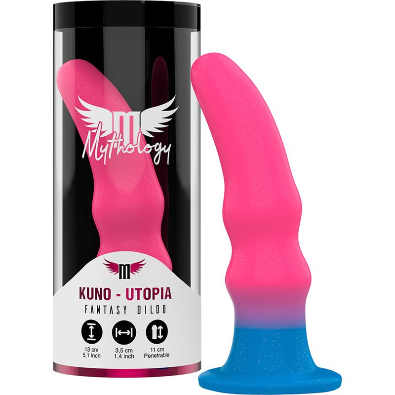 Wellness-Produkt in transparenter Verpackung. Pink-blaues Design. Aufschrift: Mythology, Kuno - Utopia Fantasy Dildo.