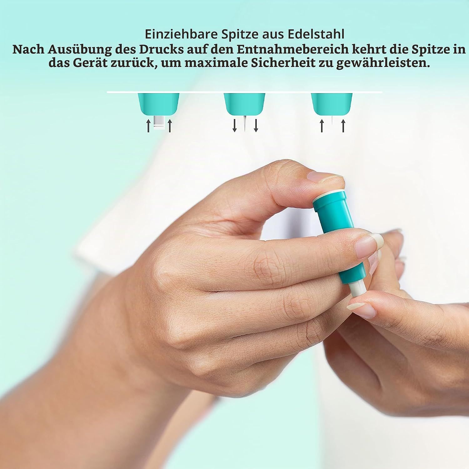 Vergleich von vier Sicherheits-Blutlanzetten in verschiedenen Größen: 21G, 23G, 28G, 30G.