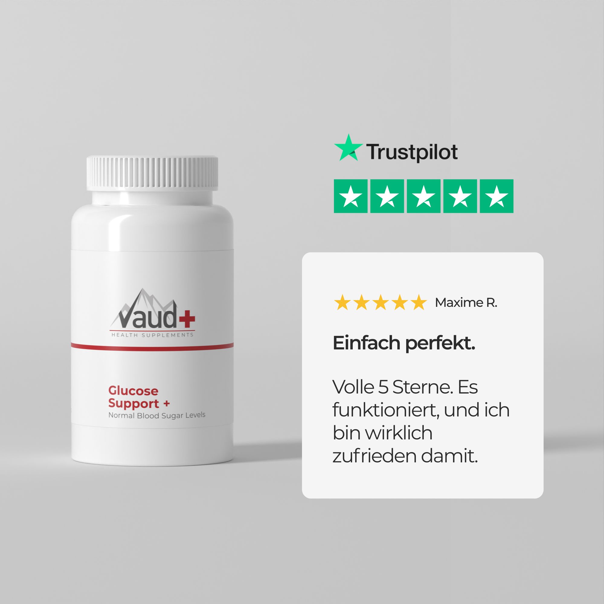 Weiße Flasche mit Schraubverschluss. Text: Vaud+ Health Supplements, Glucose Support +. Bewertung: 5 Sterne von Trustpilot.