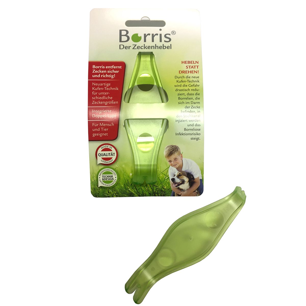 BORRIS Zeckenhebel in Verpackung. Grün, Kunststoff. Text: BORRIS, Der Zeckenhebel, Qualitätssiegel.