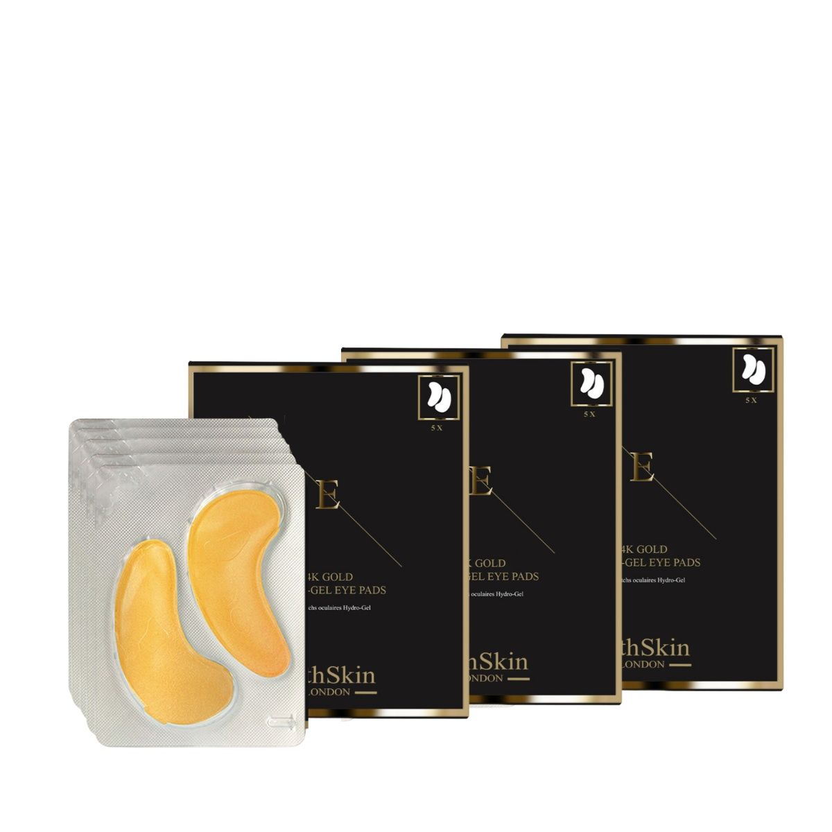 Packung mit Augenpads und drei Schachteln. Die Pads sind goldfarben. Auf den Schachteln steht "ErthSkin London".