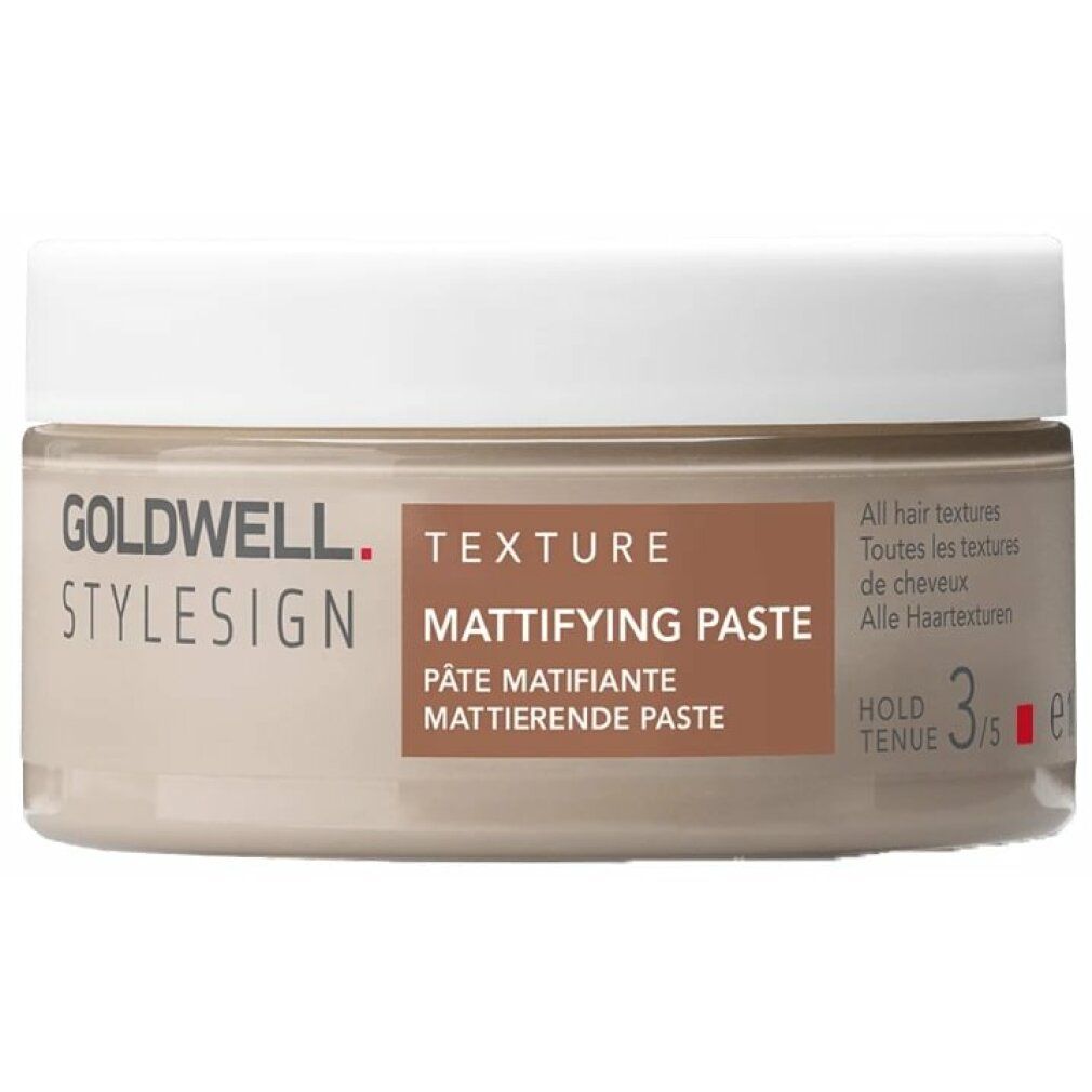 Goldwell Stylesign Texture Mattierende Paste. Beige Dose mit weißem Deckel. Produktname und Marke deutlich sichtbar.