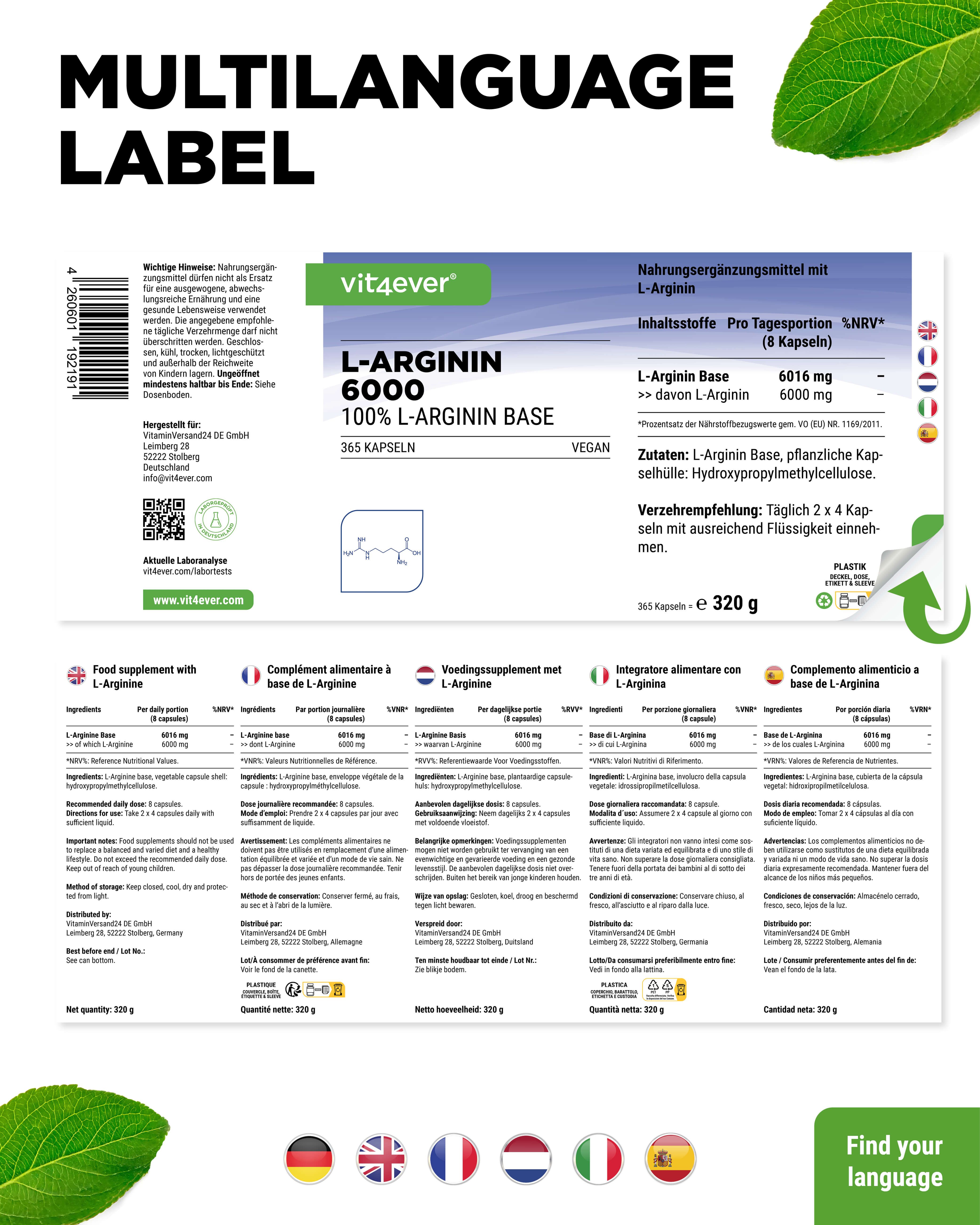 Etikett mit mehrsprachigen Informationen. vit4ever L-Arginin 6000. Inhaltsstoffe, Anwendungshinweise. Flaggen: Deutsch, Englisch, Französisch, Italienisch.