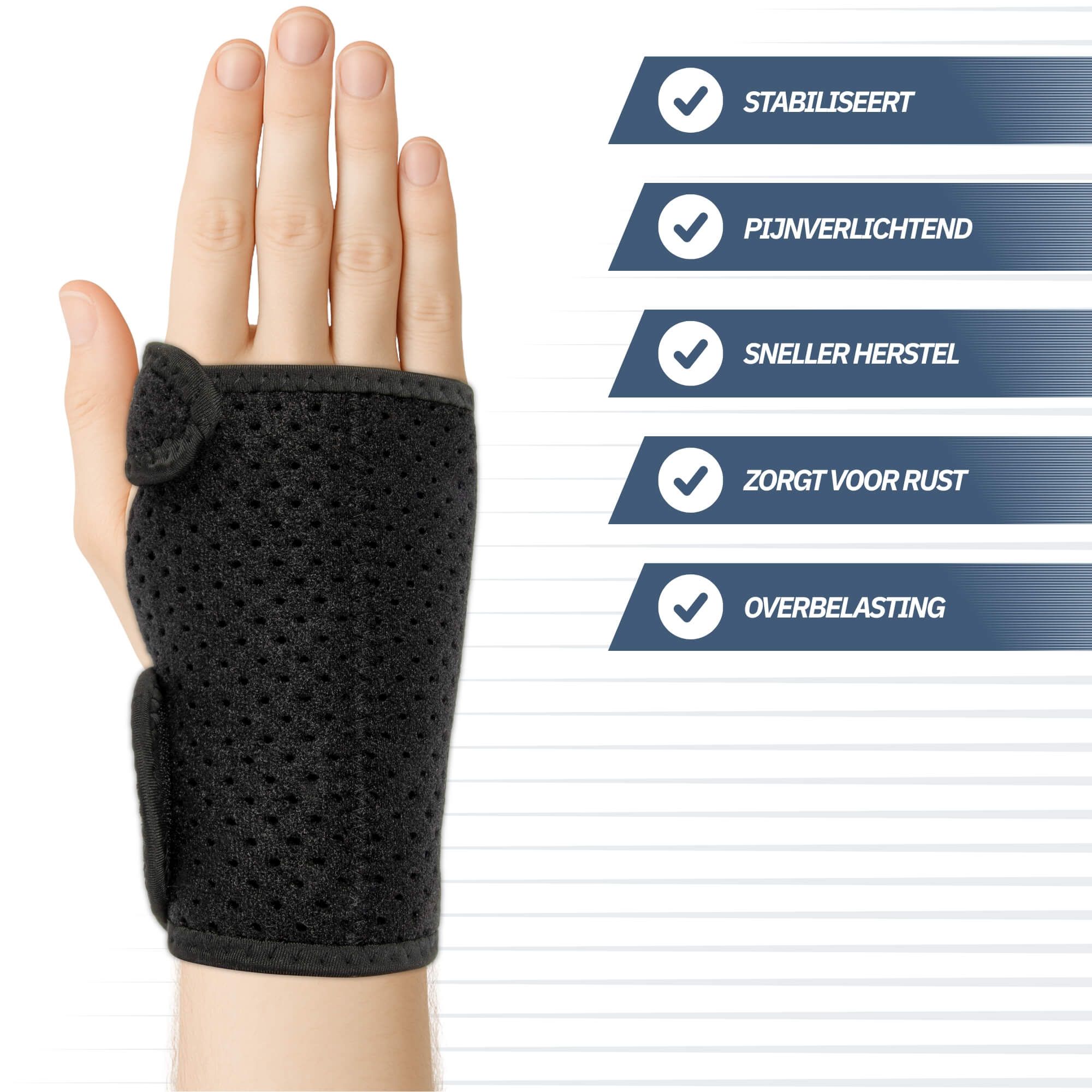 Schwarze Handgelenkbandage mit Klettverschluss, auf einem Arm getragen.