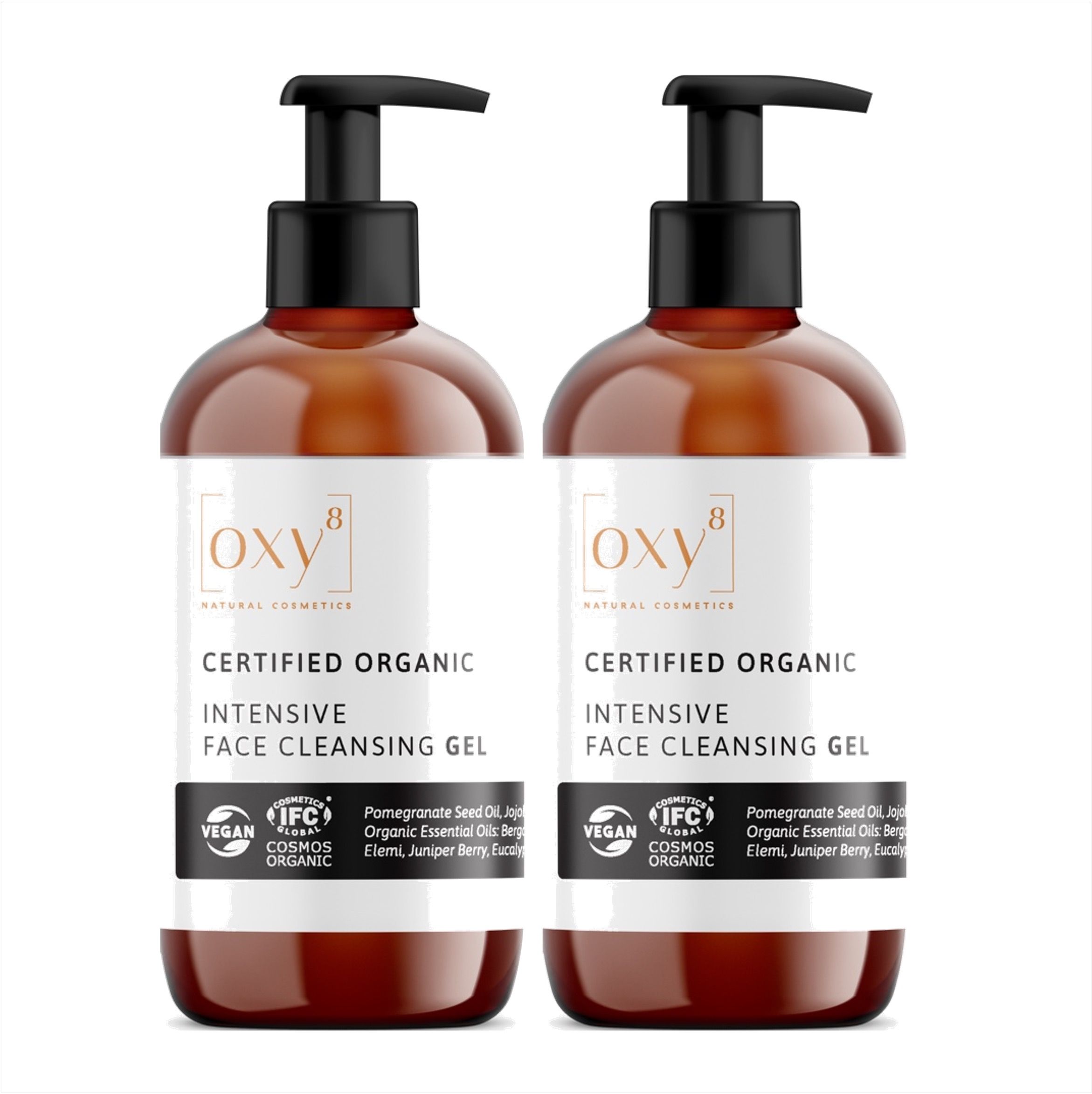 Zwei Flaschen Reinigungsgel mit schwarzem Pumpverschluss. Aufschrift: oxy8, INTENSIVE FACE CLEANSING GEL, COSMOS ORGANIC.
