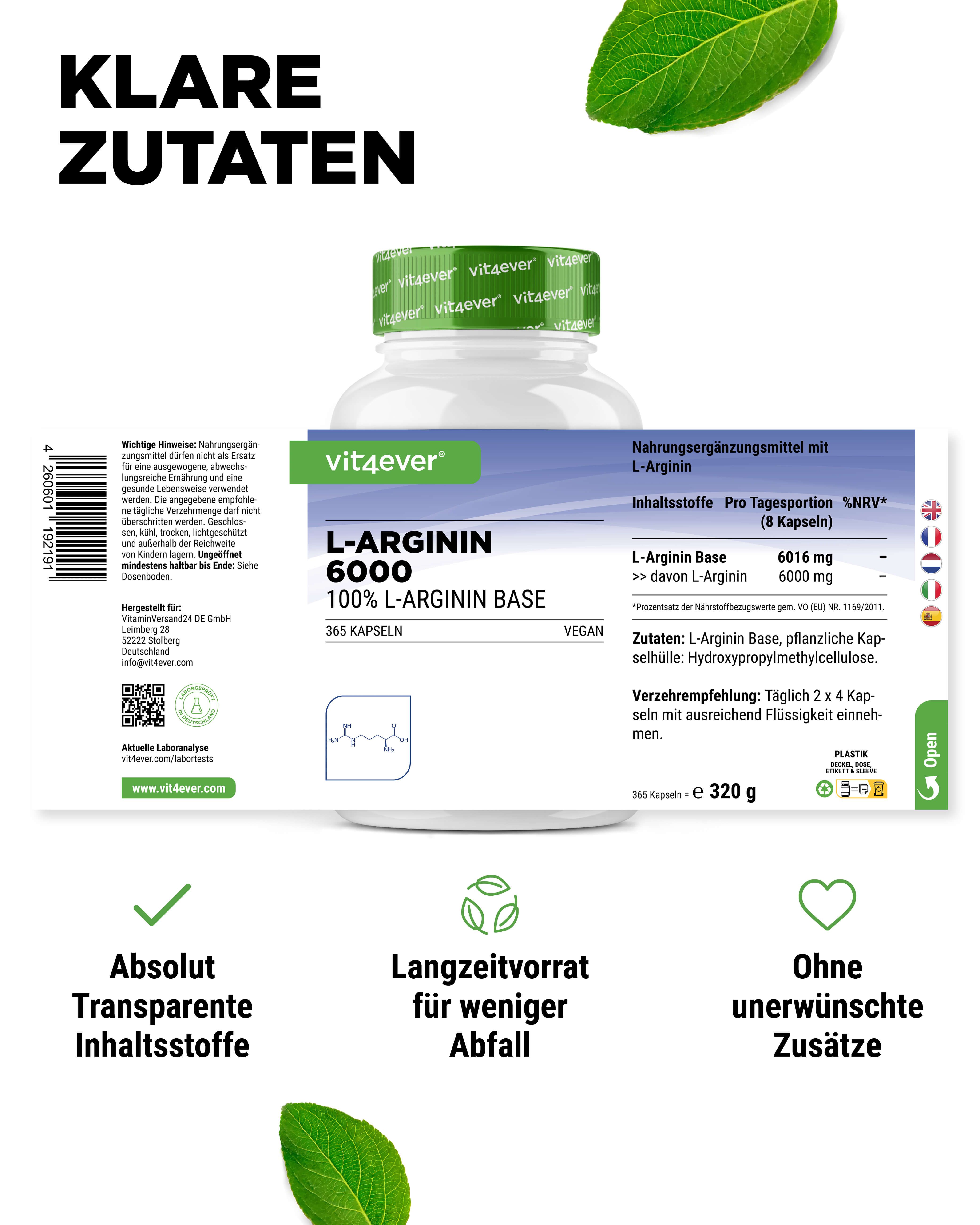 Flasche mit vit4ever L-Arginin 6000. Text: Klare Zutaten. 365 Kapseln. Symbole: Transparente Inhaltsstoffe, Langzeitvorrat, ohne Zusätze.
