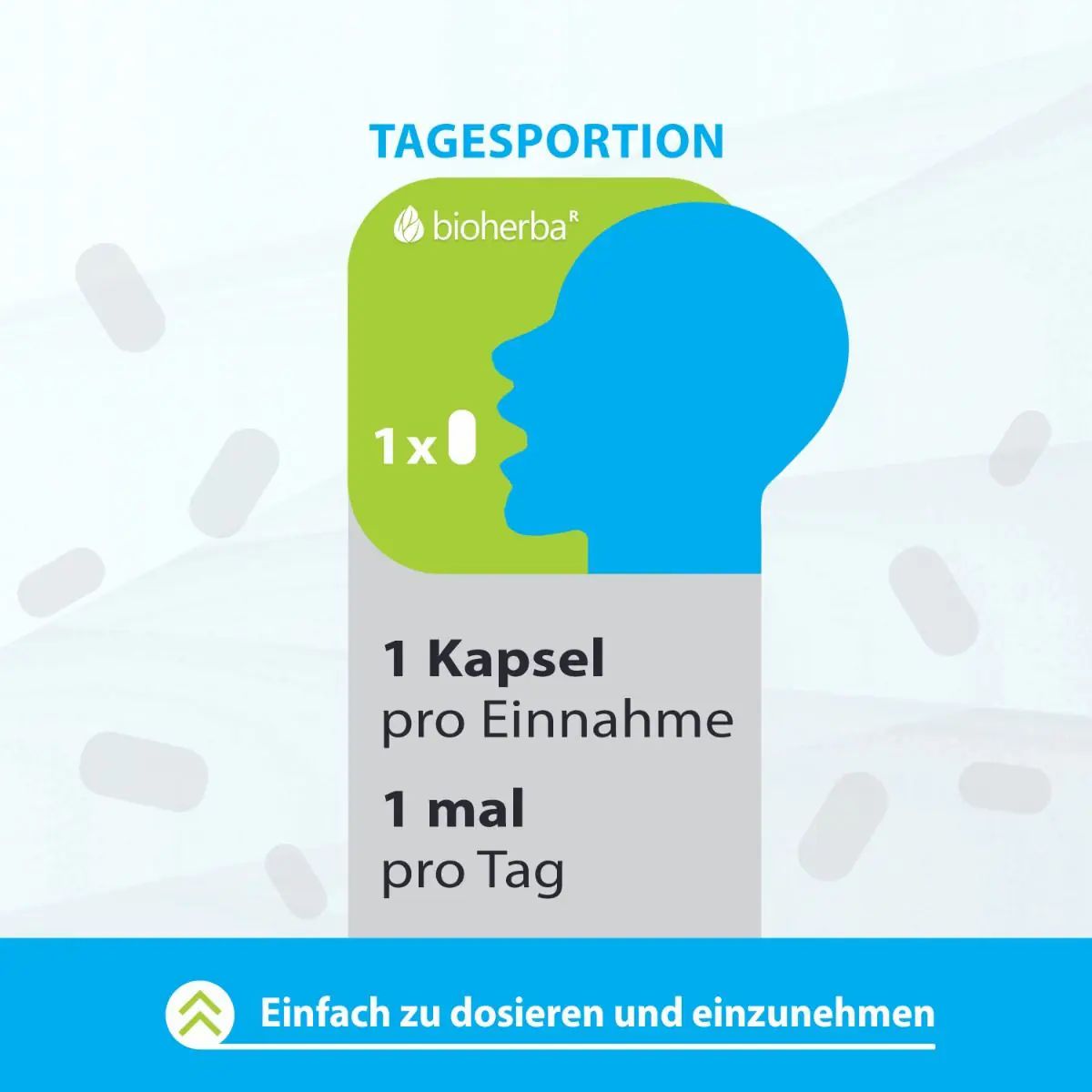Grafik: Kopfprofil mit Kapsel. Text: "1 Kapsel pro Einnahme, 1 mal pro Tag". Einfache Dosierung.
