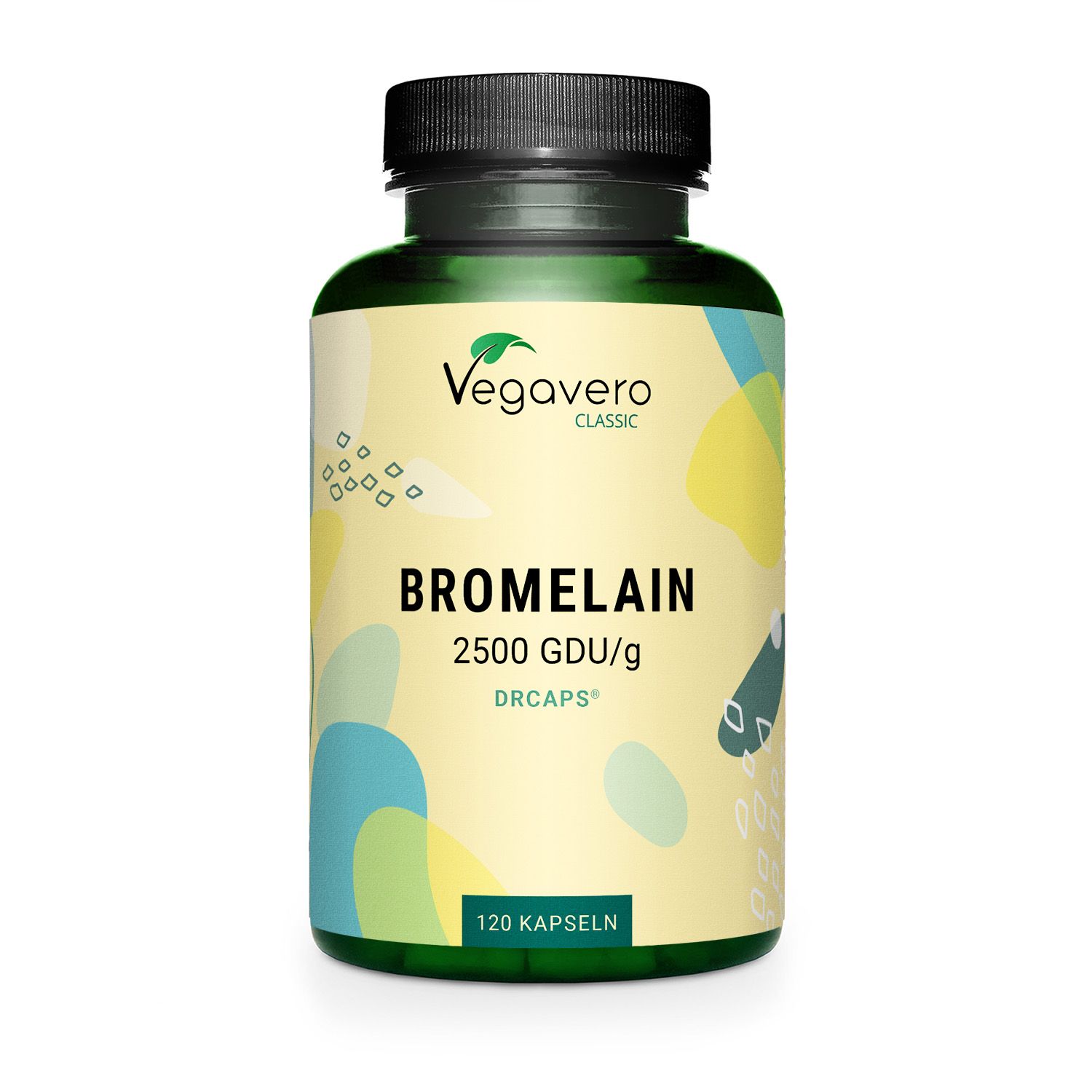 Grüne Flasche mit Kapseln. Aufschrift: Vegavaro, Bromelain 2500 GDU/g, DRcaps, 120 Kapseln.