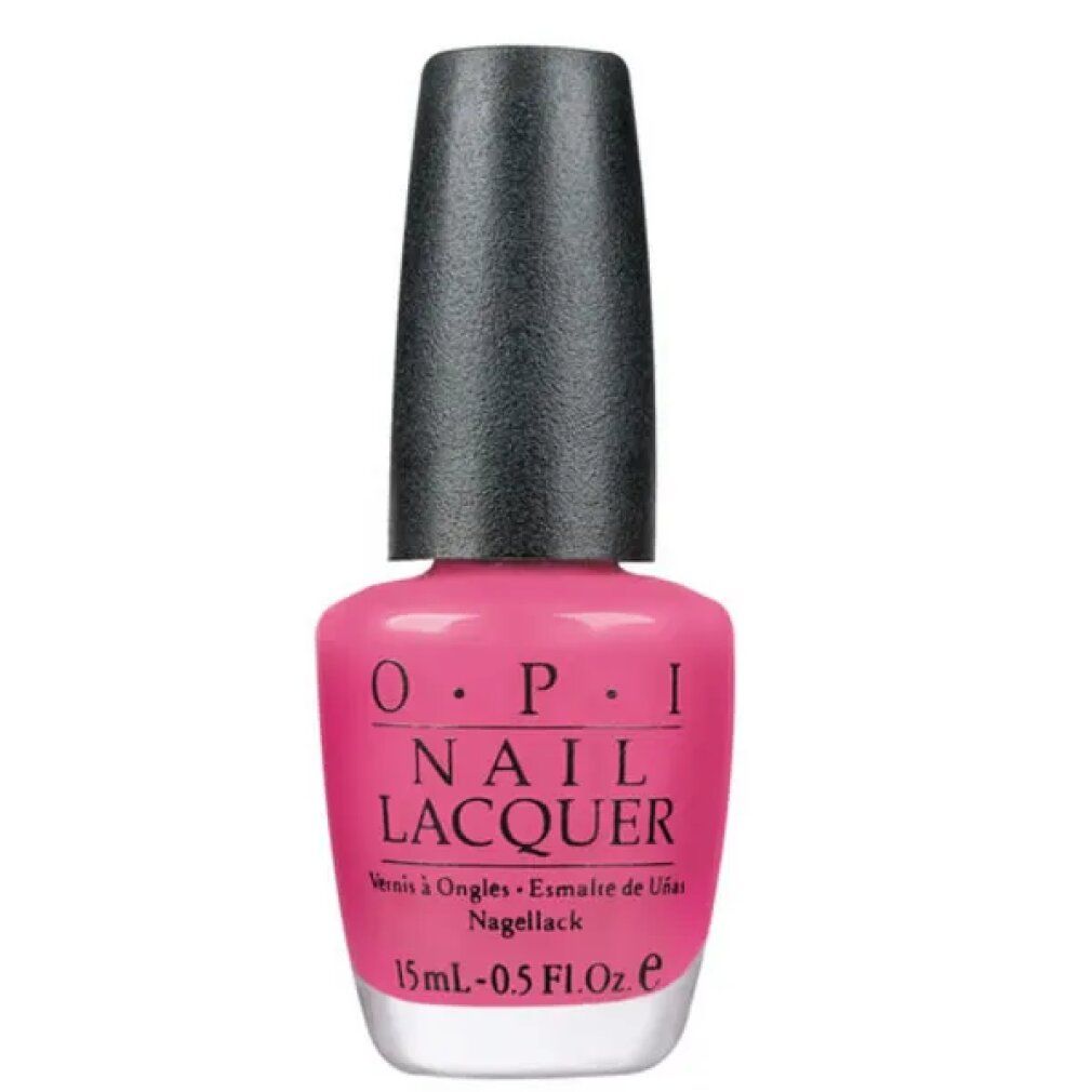 Nagellackflasche, pinke Farbe, schwarzer Deckel. OPI Nail Lacquer Schriftzug, 15ml.