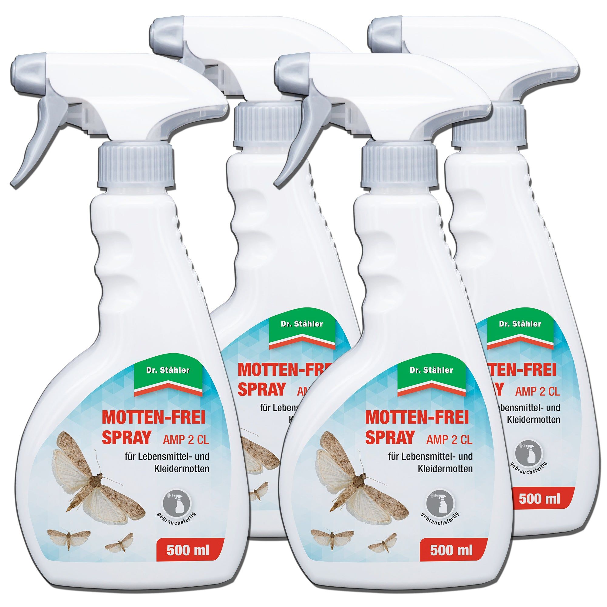 Mehrere weiße Sprühflaschen mit grün-roten Etiketten. Aufschrift: MOTTEN-FREI SPRAY. 500 ml. Marke: Dr. Stähler.