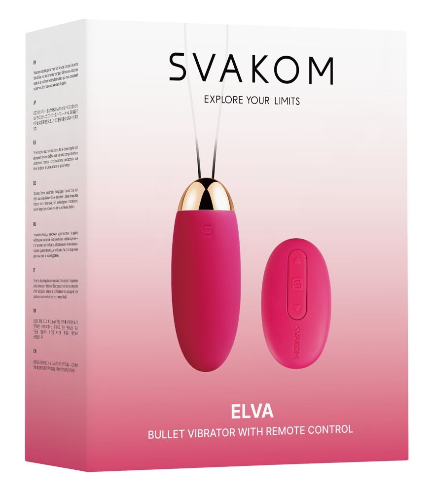 Verpackung mit rosa Vibrator, Fernbedienung. Text: Svakom, Elva, Bullet Vibrator with Remote Control.