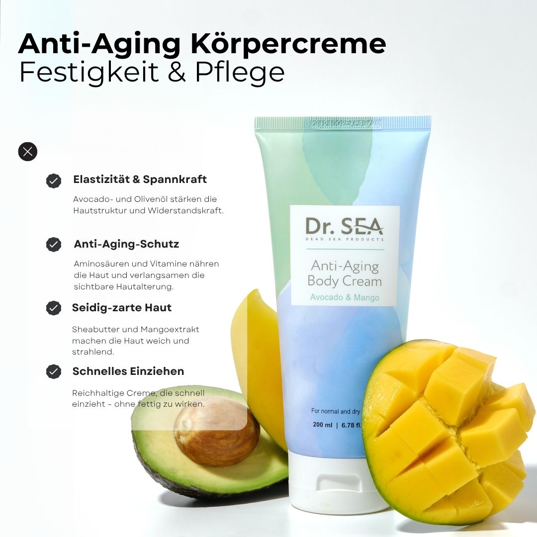Creme-Tube, Avocado, Mango und Text. Aufschrift: Dr. SEA, Anti-Aging Body Cream, Avocado & Mango. Für normale und trockene Haut.