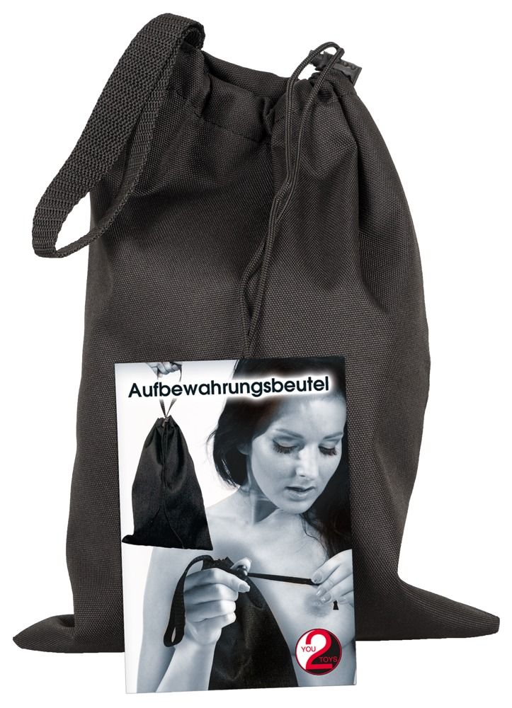 Schwarzer Aufbewahrungsbeutel mit Schlaufe und Kordelzug. Enthält eine Produktkarte mit Abbildung und Text.
