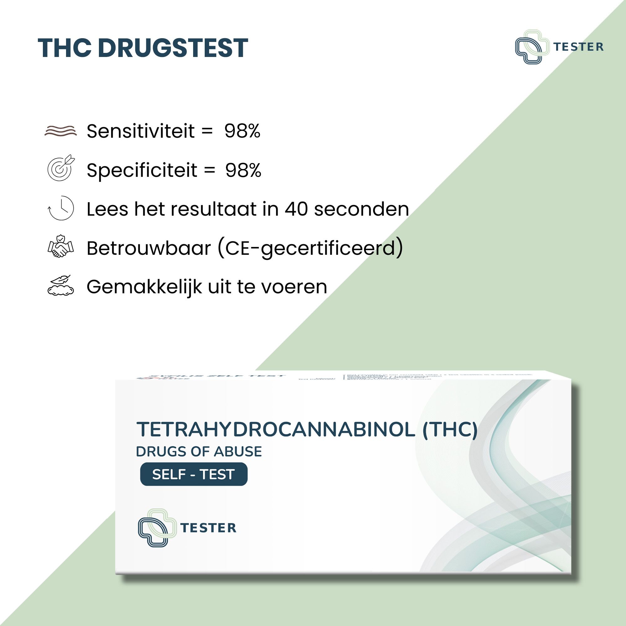 Produktverpackung mit Text "Tetrahydrocannabinol (THC)". Text: Sensitivität 98%, Spezifität 98%.